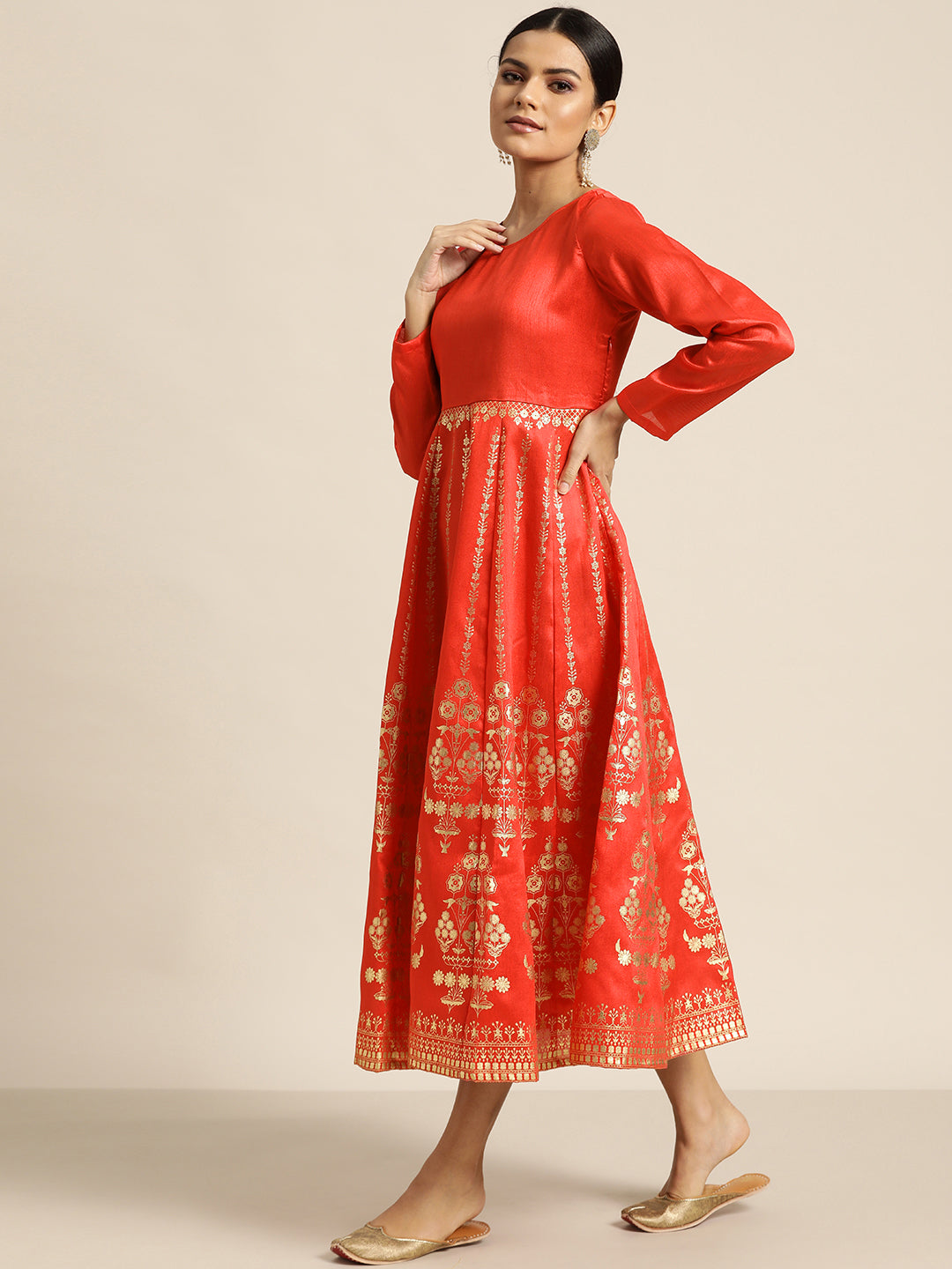 Women Red Gold Foil Anarkali Dress