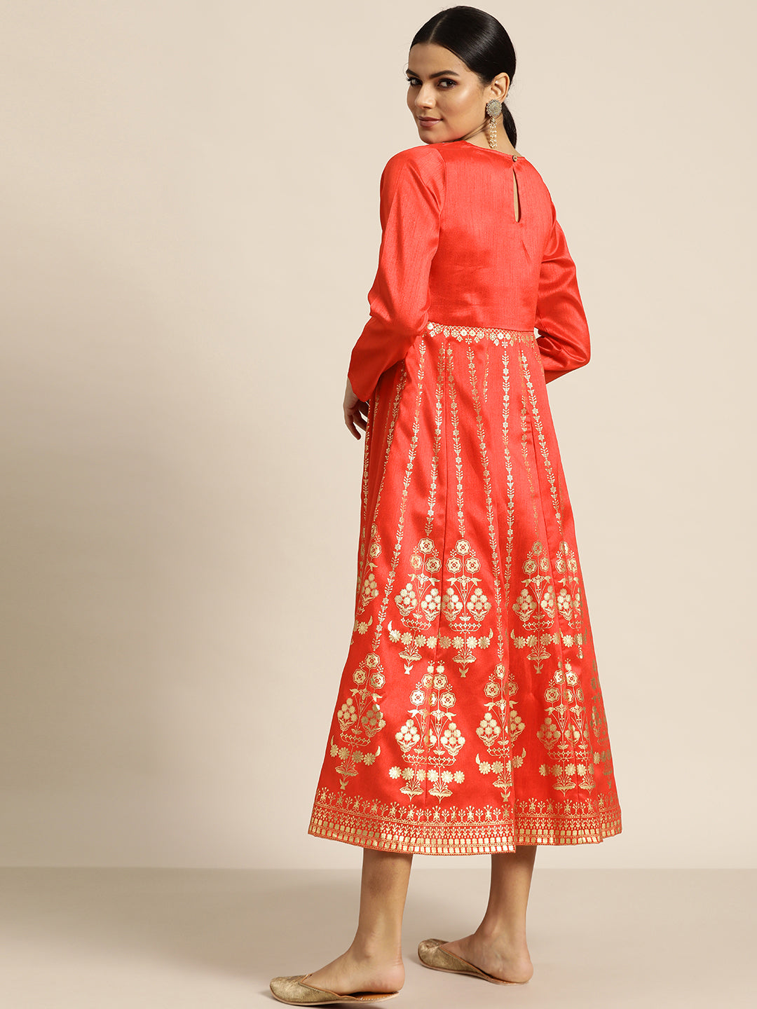 Women Red Gold Foil Anarkali Dress
