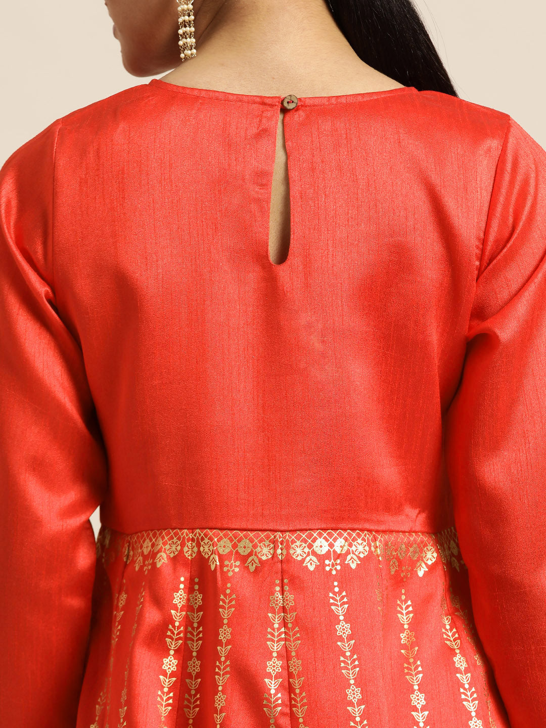 Women Red Gold Foil Anarkali Dress