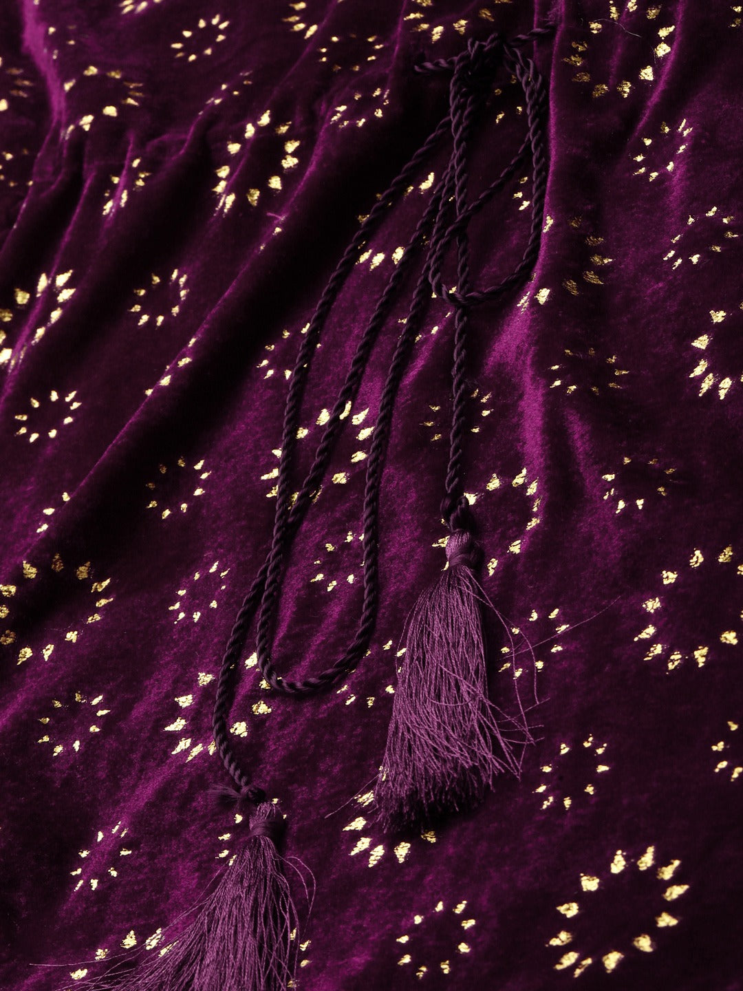 Purple Velvet Foil Print Fringe Lace Kaftan Dress