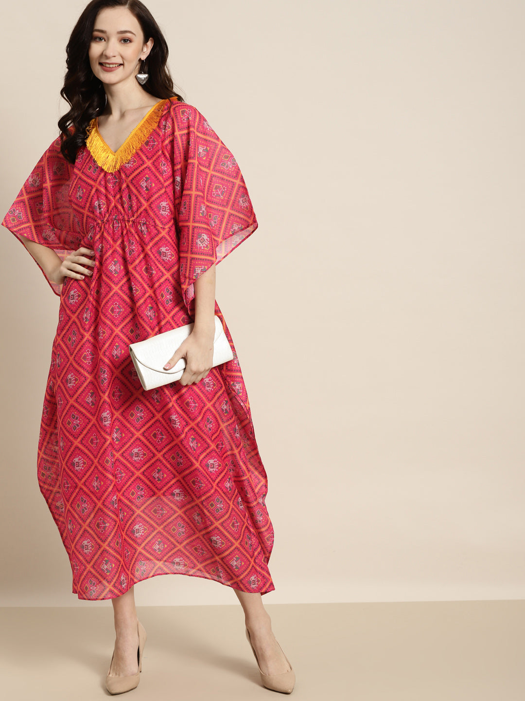 Women Pink Patola Kaftan With Slip