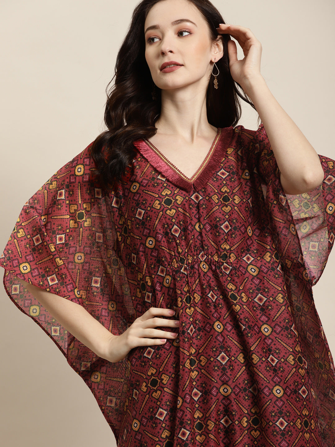 Women Maroon Patola Kaftan With Slip