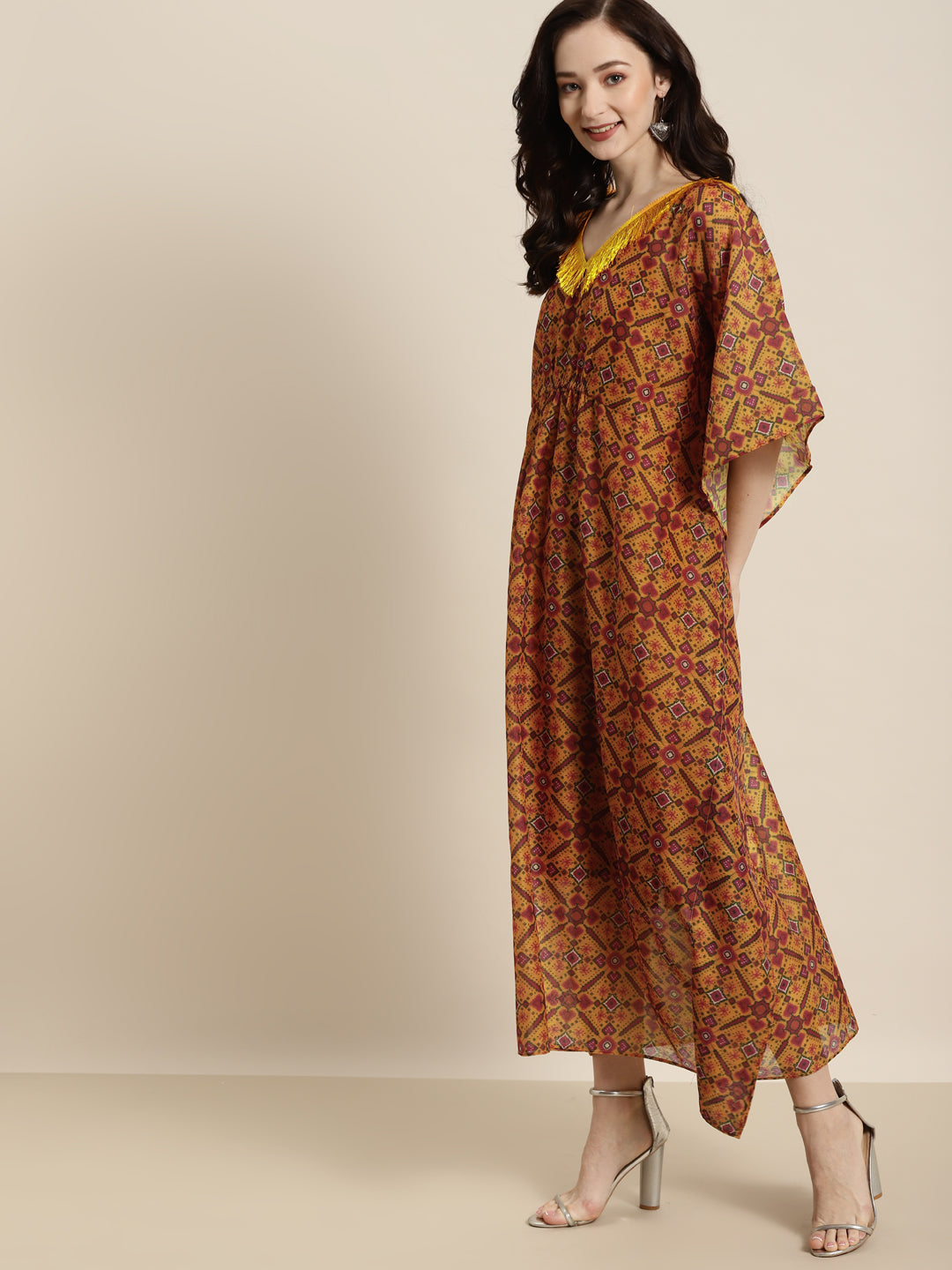 Women Mustard Patola Kaftan With Slip