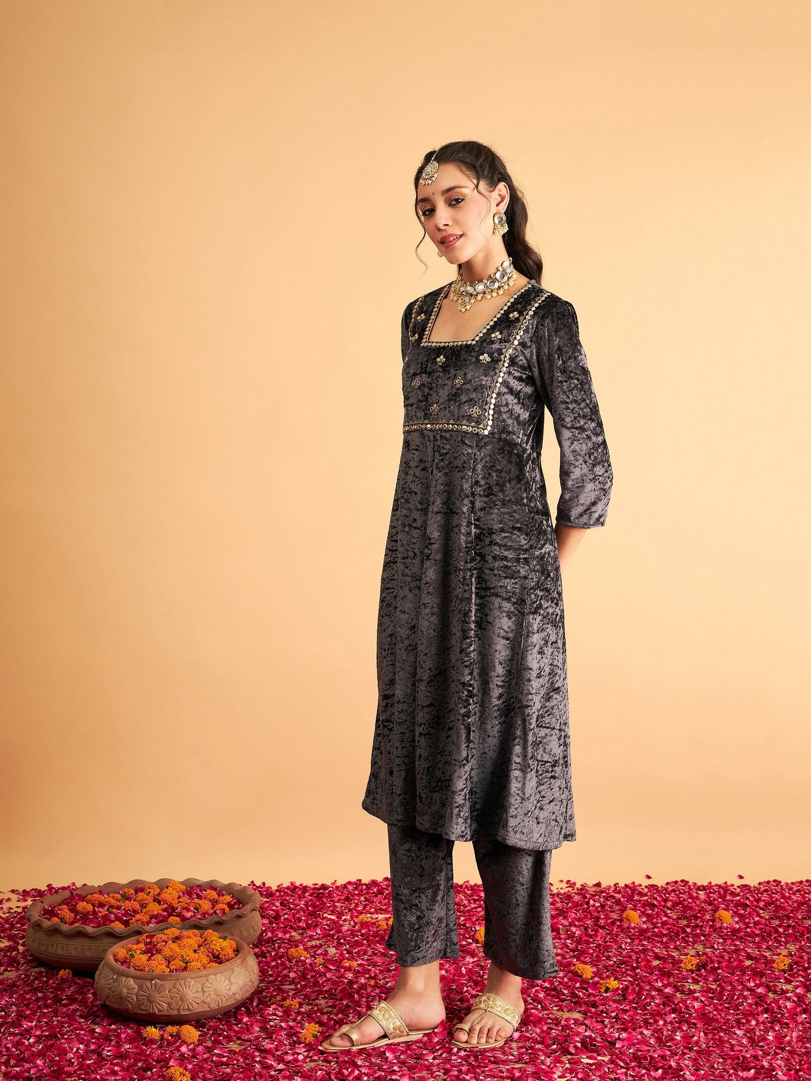 Women Grey Velvet Embroidered Anarkali Dress