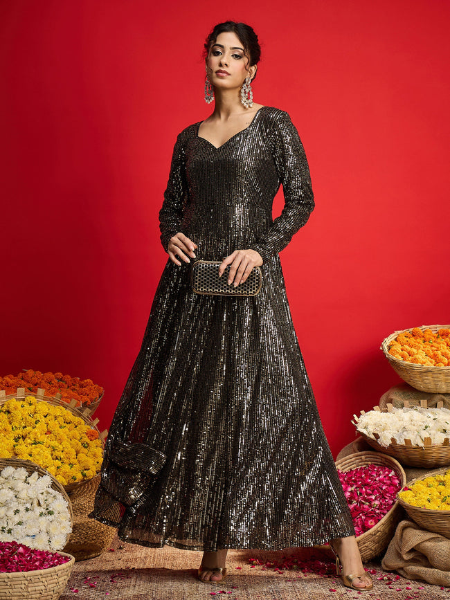 Women Black With Golden Sequins  Anarkali Dress