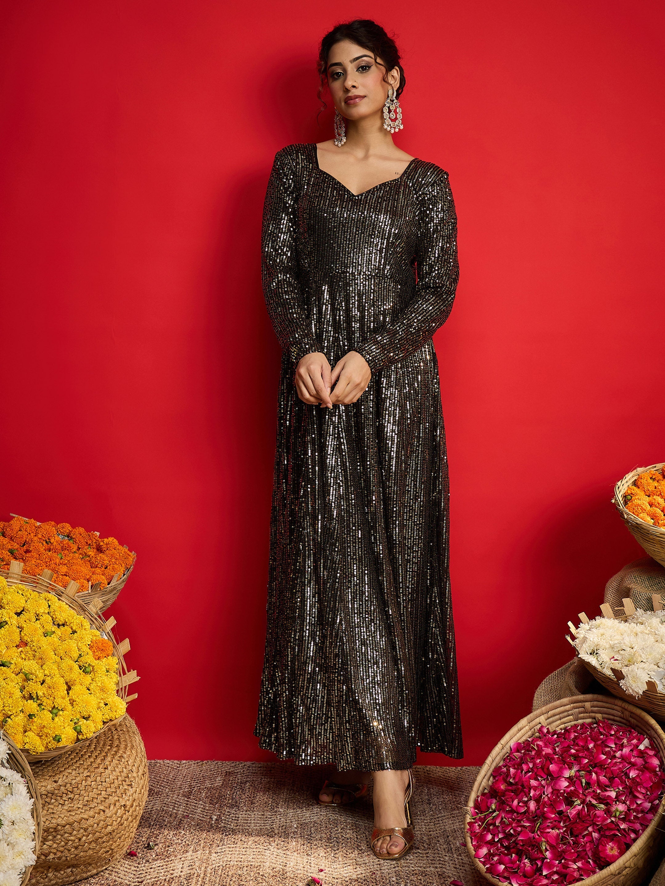 Women Black With Golden Sequins  Anarkali Dress