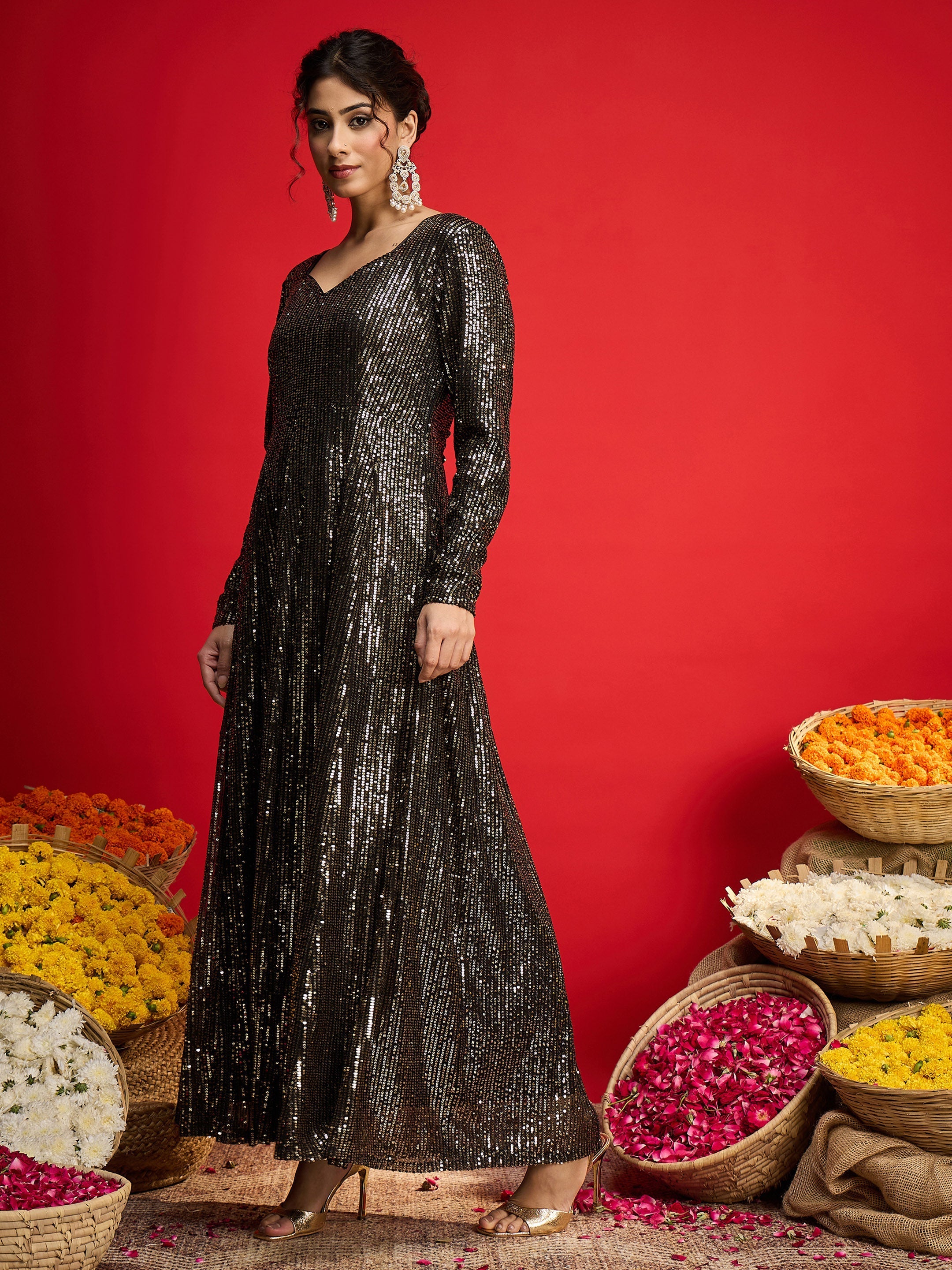 Women Black With Golden Sequins  Anarkali Dress