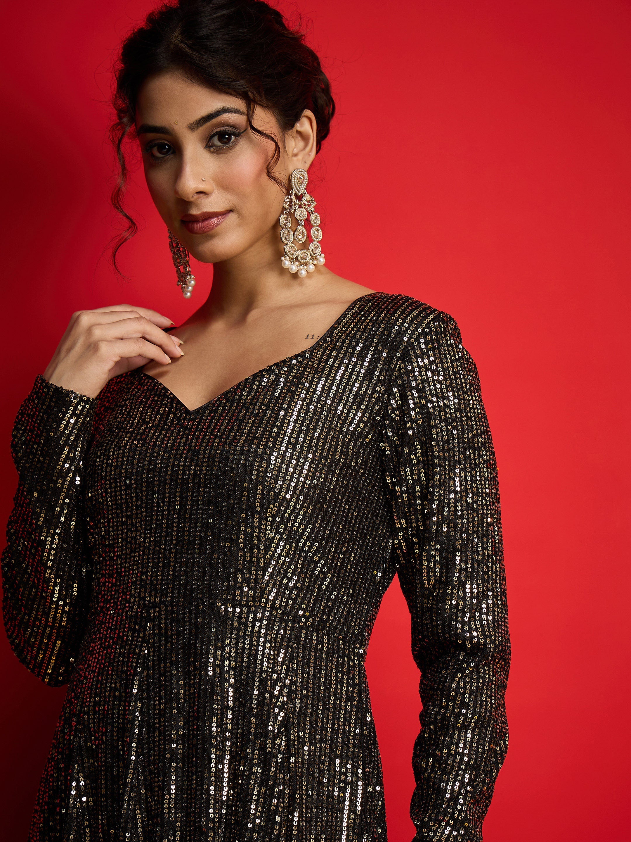 Women Black With Golden Sequins  Anarkali Dress