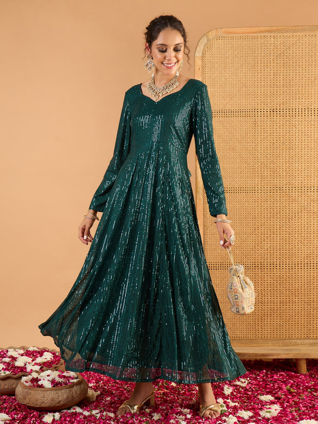 Women Teal Green Sequence  Anarkali Dress
