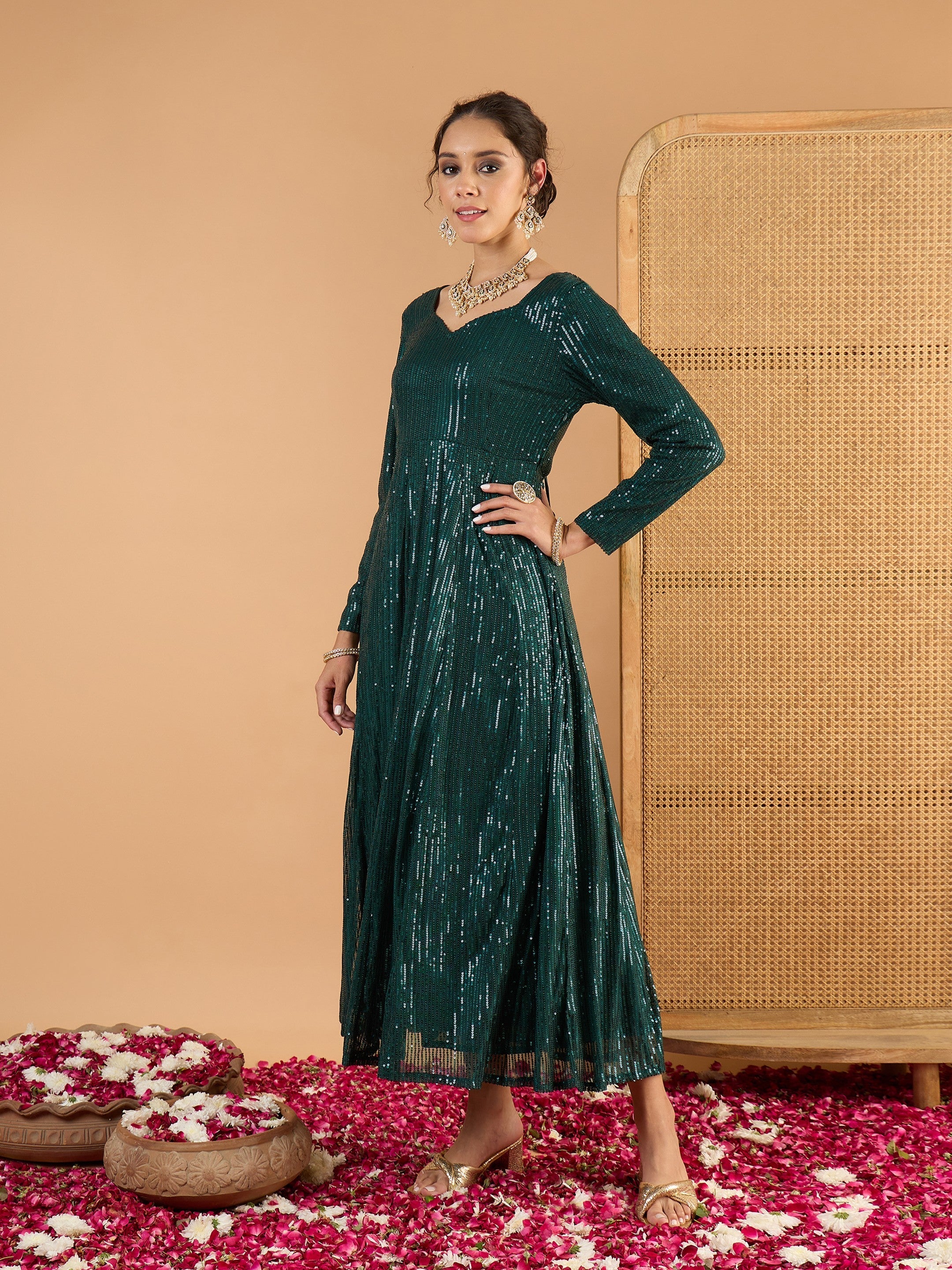 Women Teal Green Sequence  Anarkali Dress