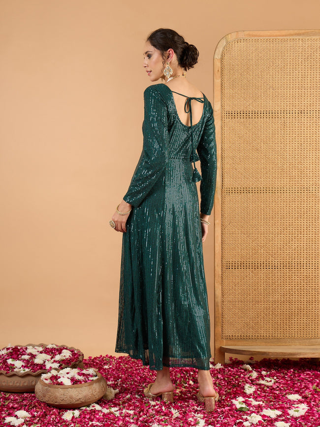 Women Teal Green Sequence  Anarkali Dress