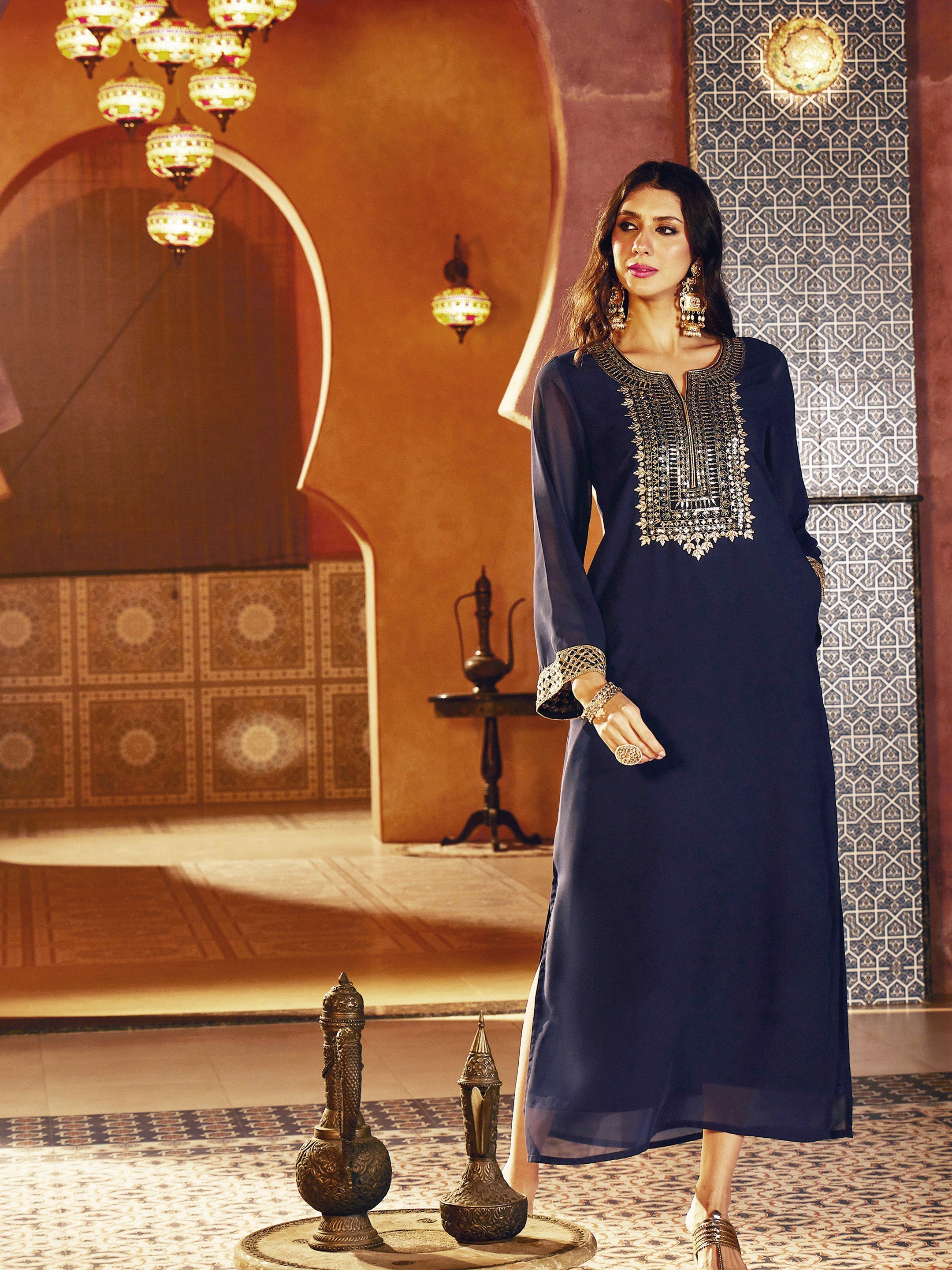 Women Navy Embroidered Neck Abaya Dress