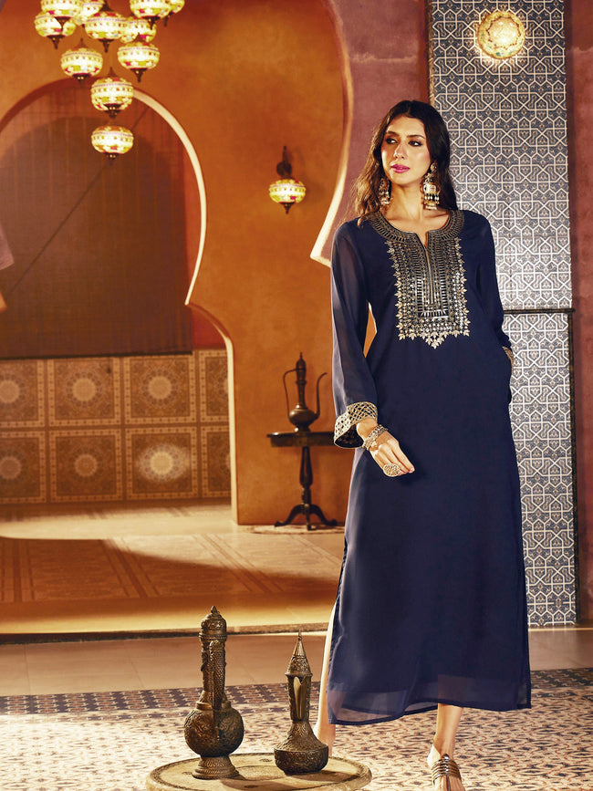 Women Navy Embroidered Neck Abaya Dress