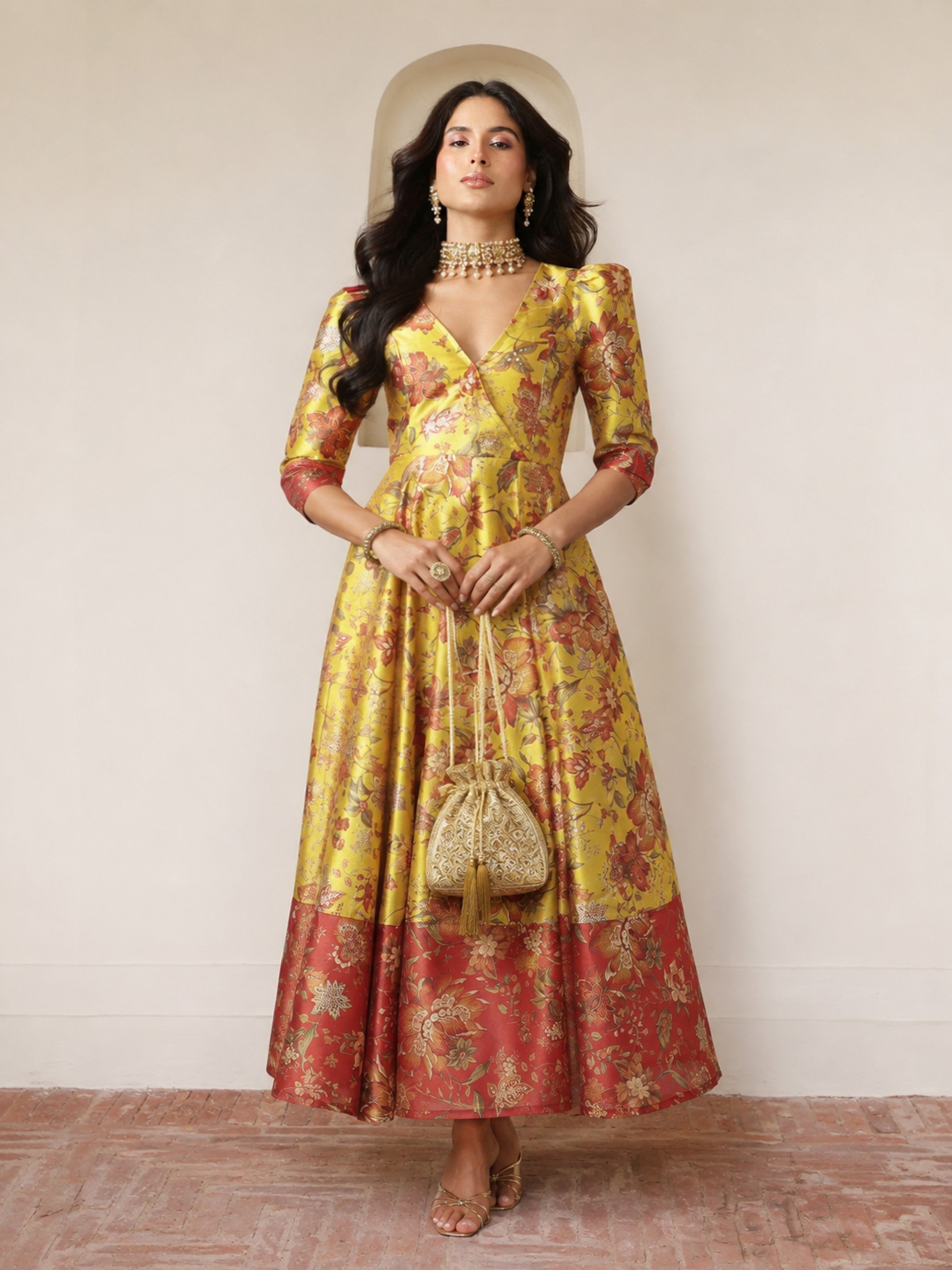 Women Yellow Floral Wrap Anarkali Maxi Dress
