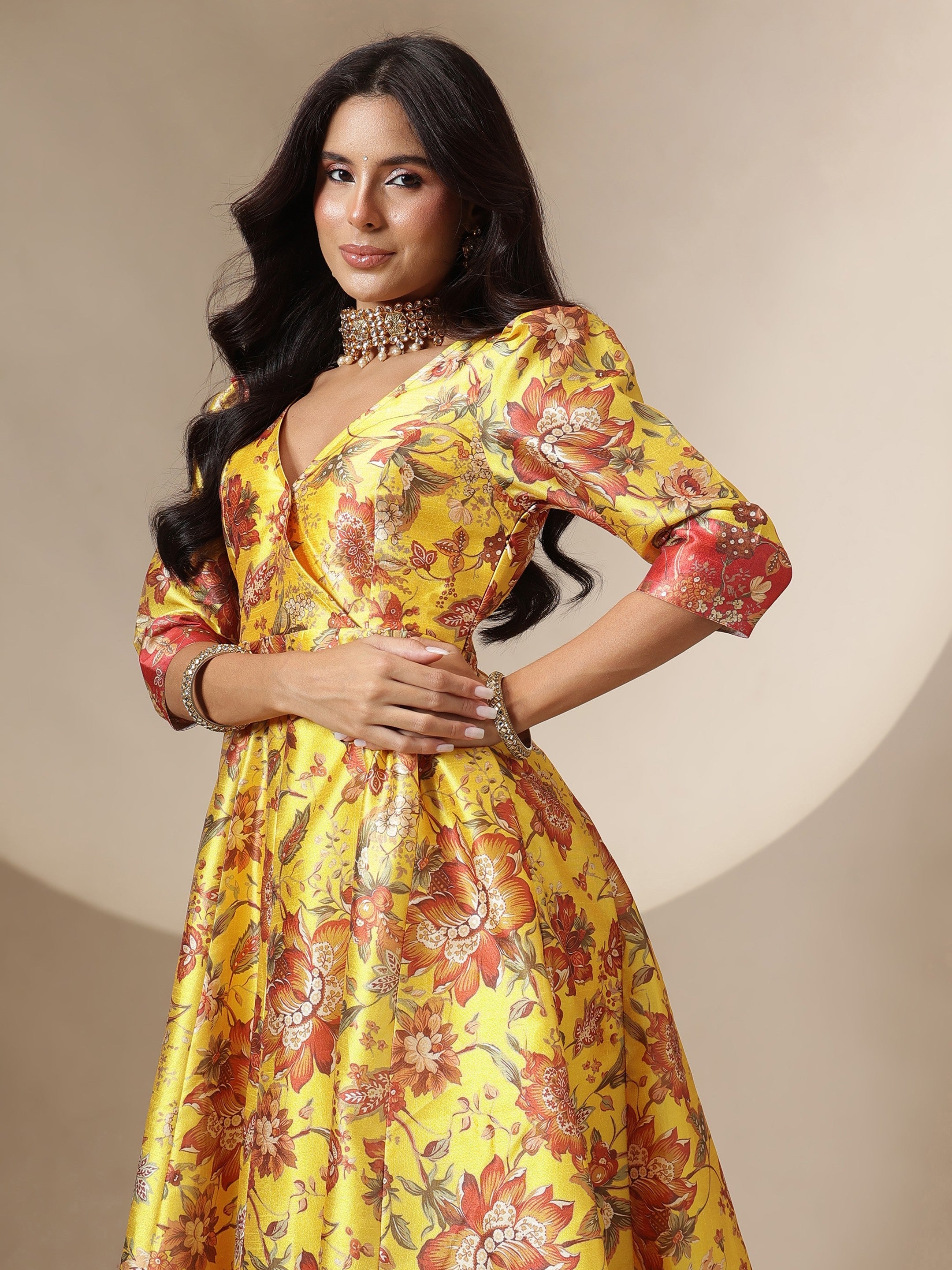 Women Yellow Floral Wrap Anarkali Maxi Dress