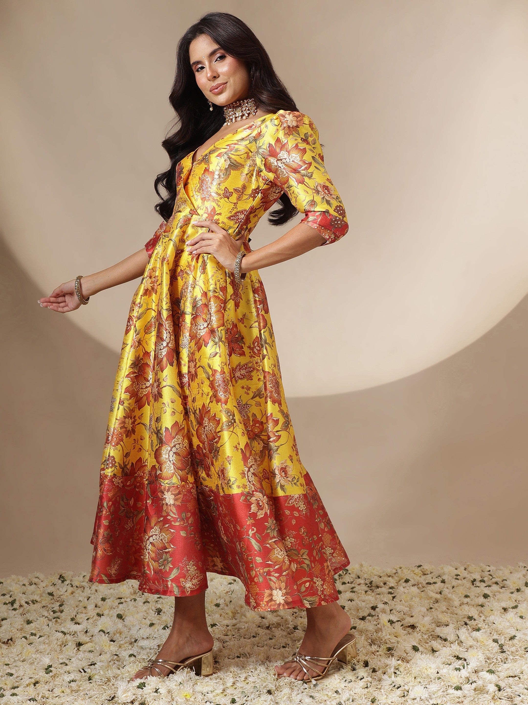 Women Yellow Floral Wrap Anarkali Maxi Dress