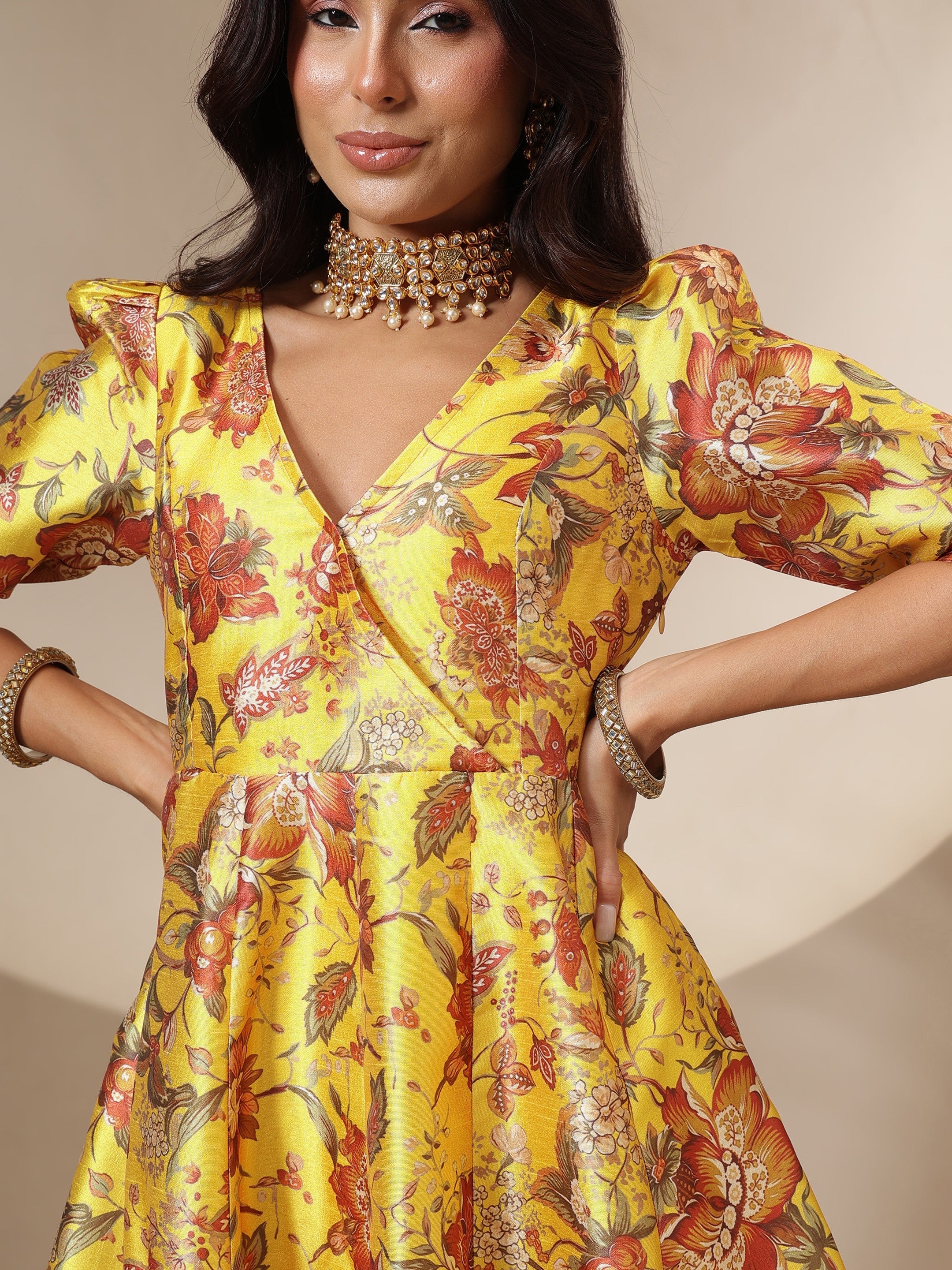 Women Yellow Floral Wrap Anarkali Maxi Dress