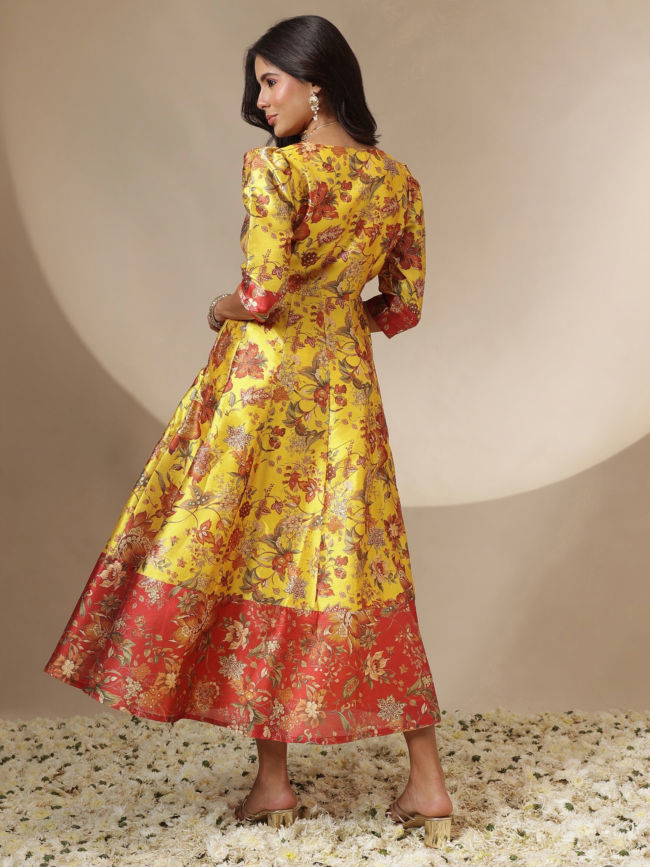 Women Yellow Floral Wrap Anarkali Maxi Dress