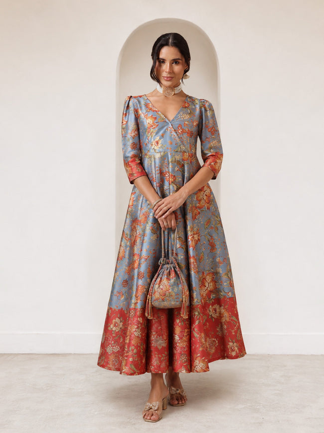 Women Grey Floral Wrap Anarkali Maxi Dress