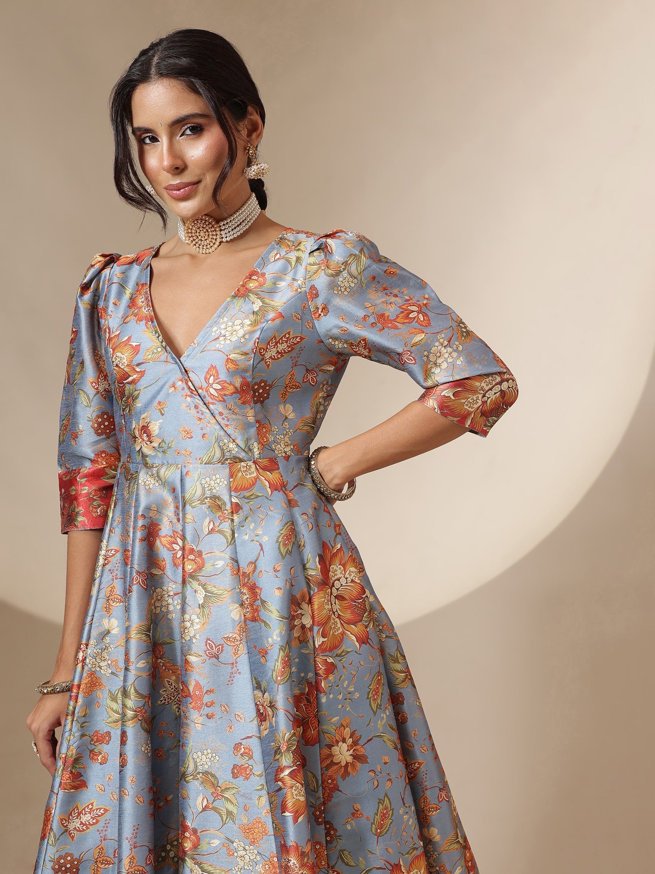 Women Grey Floral Wrap Anarkali Maxi Dress