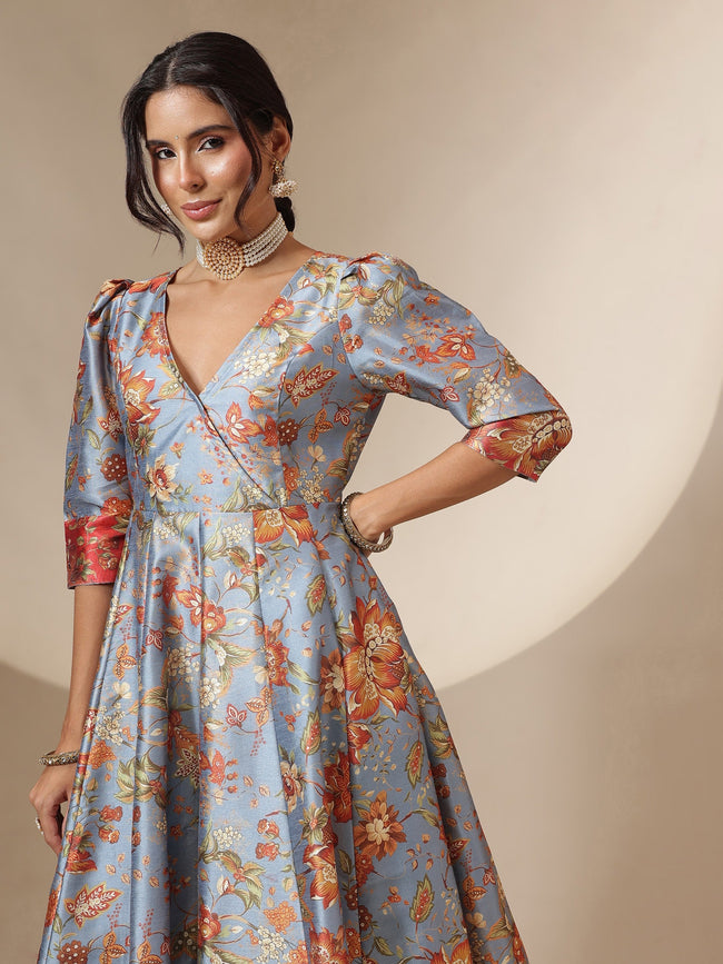 Women Grey Floral Wrap Anarkali Maxi Dress