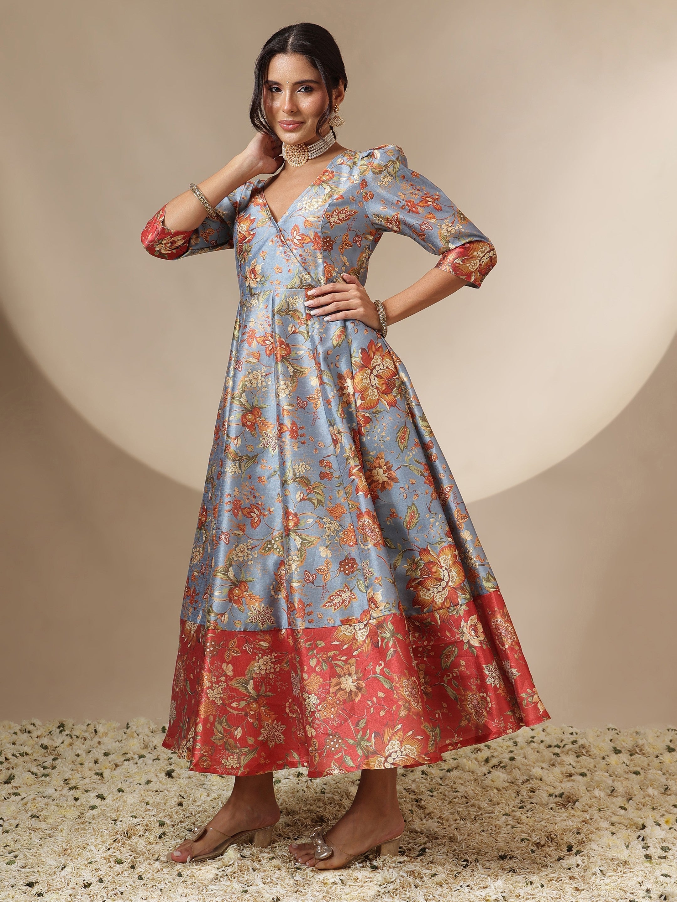 Women Grey Floral Wrap Anarkali Maxi Dress