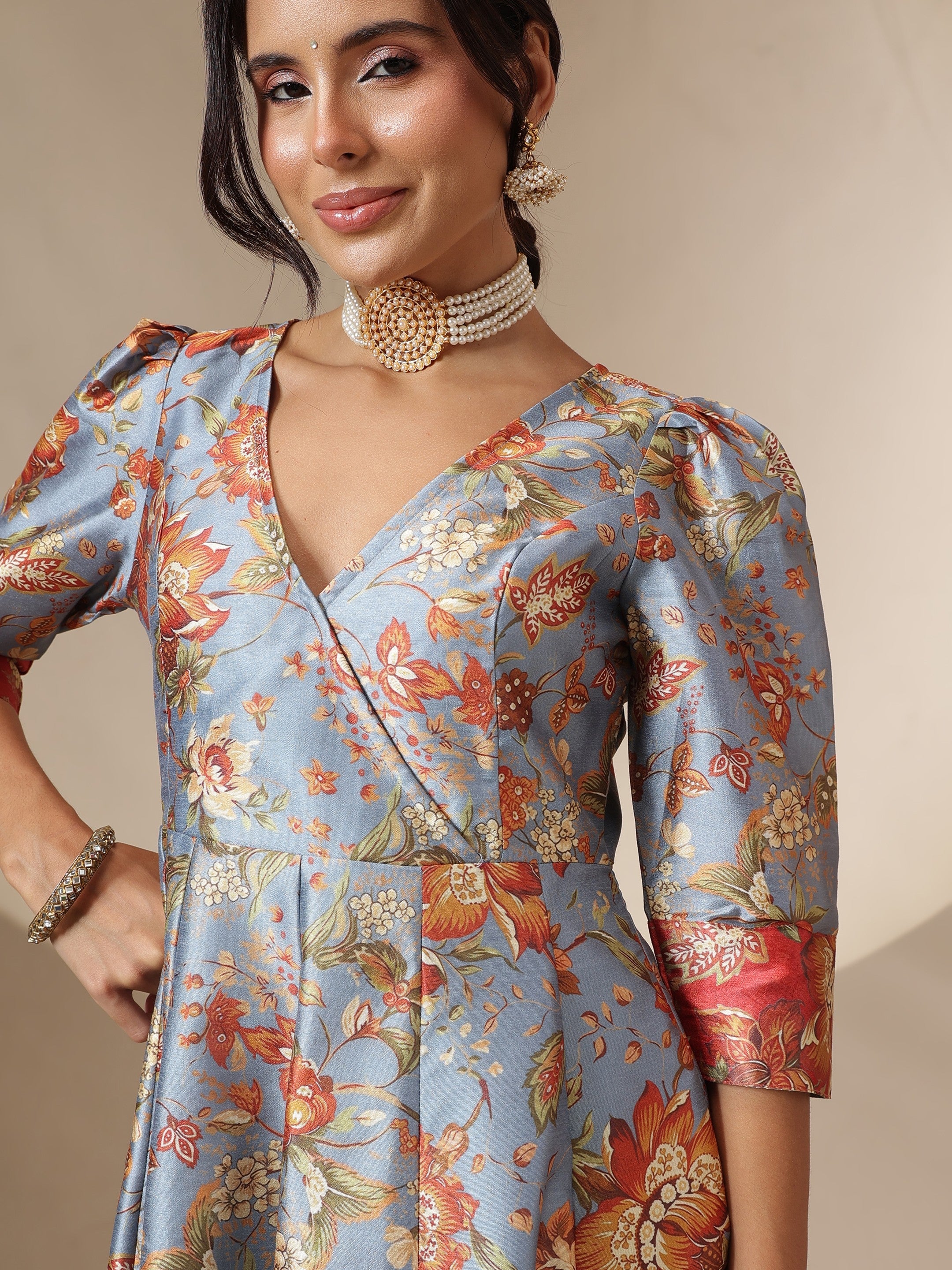 Women Grey Floral Wrap Anarkali Maxi Dress