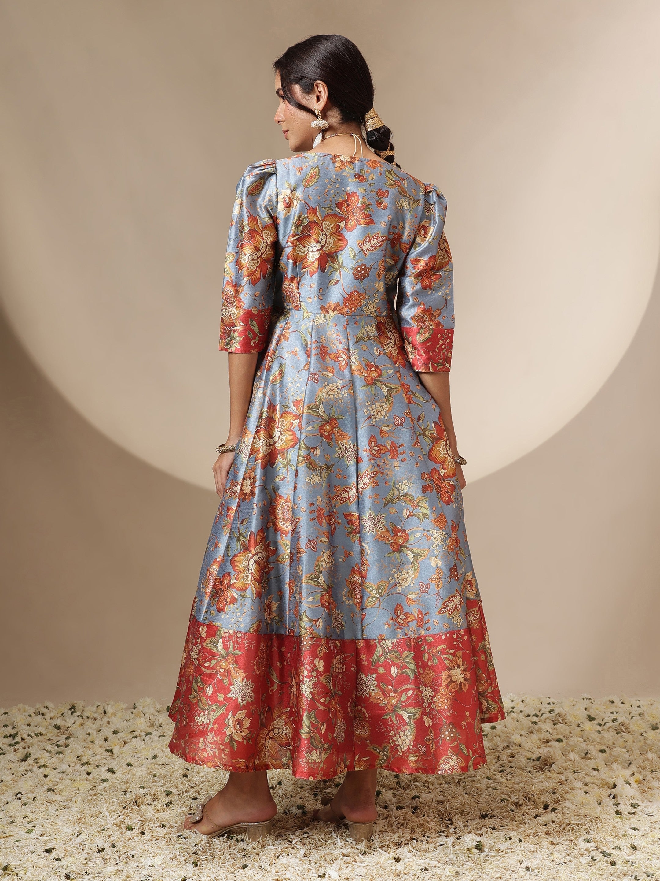 Women Grey Floral Wrap Anarkali Maxi Dress
