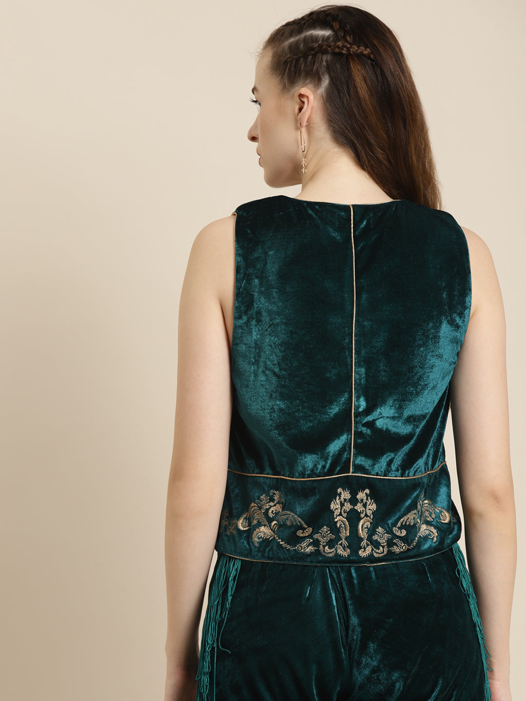 Teal Embroidered Velvet Waistcoat