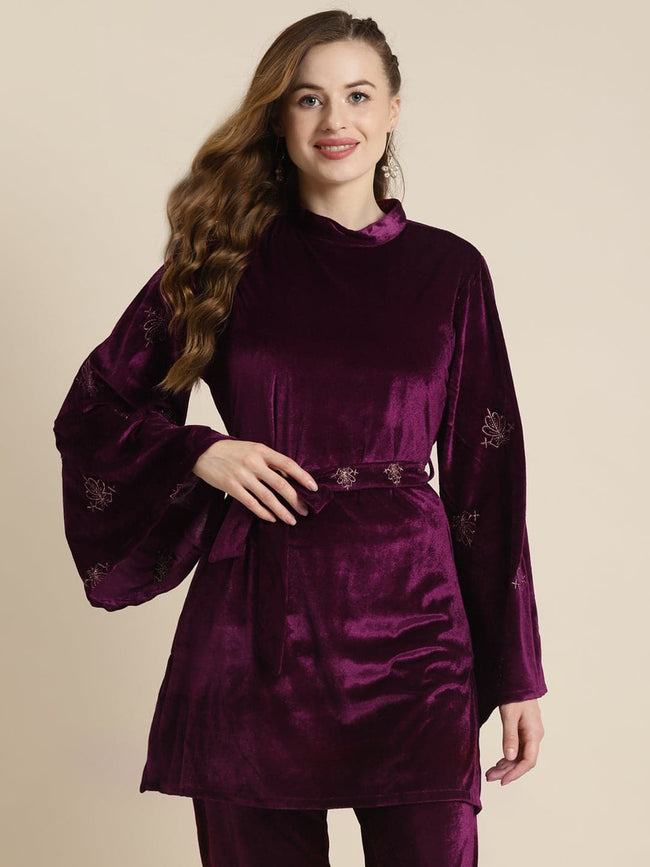 Purple Velvet Zari Embroidered Belt Short Kurta