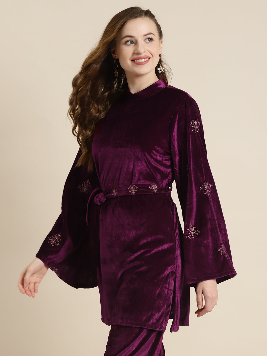 Purple Velvet Zari Embroidered Belt Short Kurta