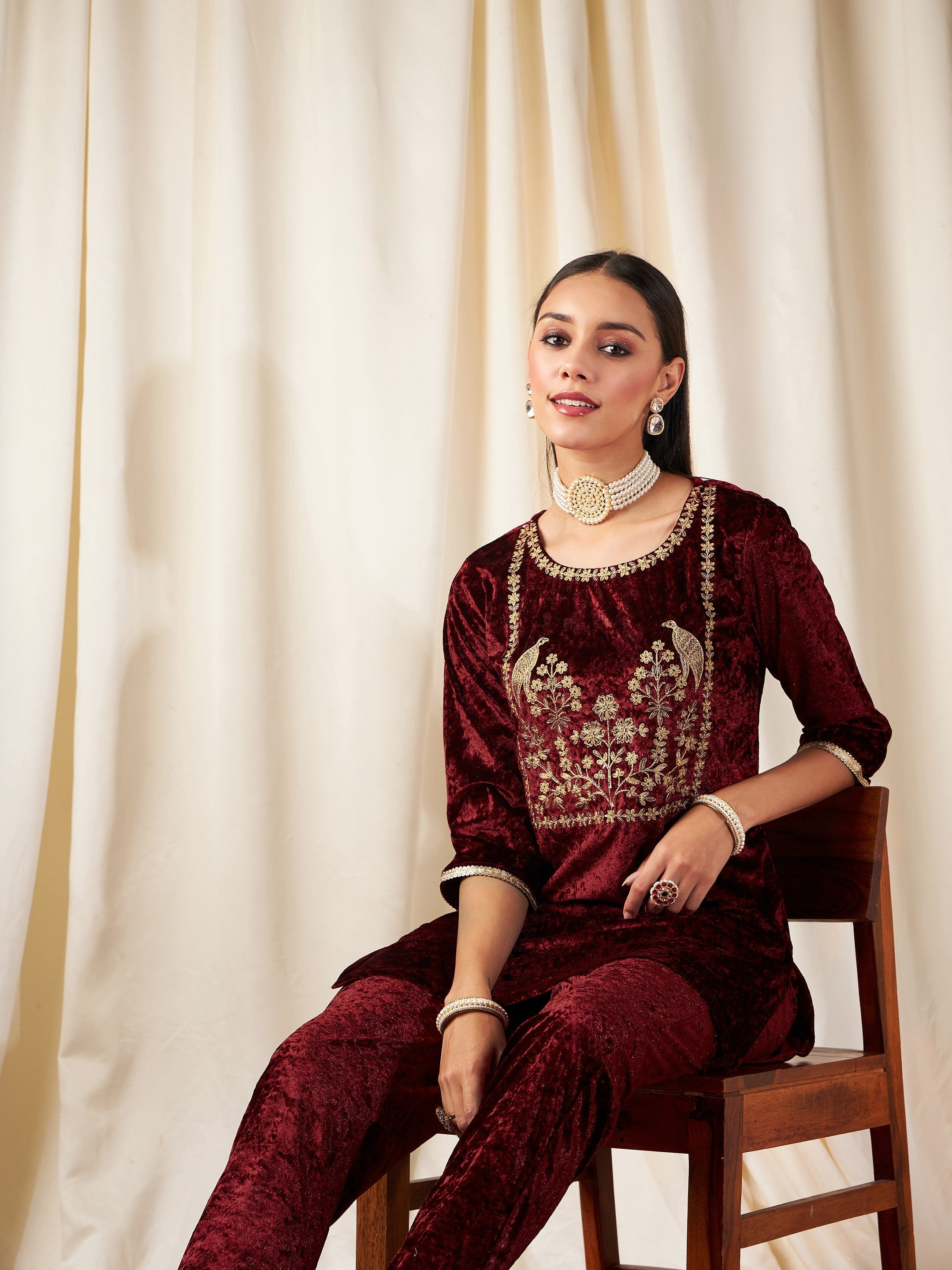 Women Maroon Velvet Embroidered Yoke Short Kurta