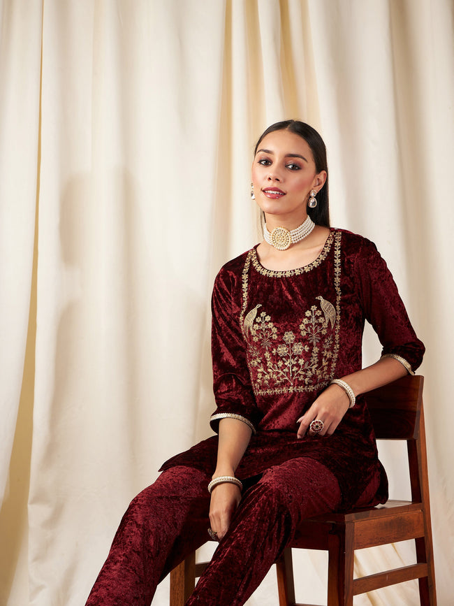 Women Maroon Velvet Embroidered Yoke Short Kurta
