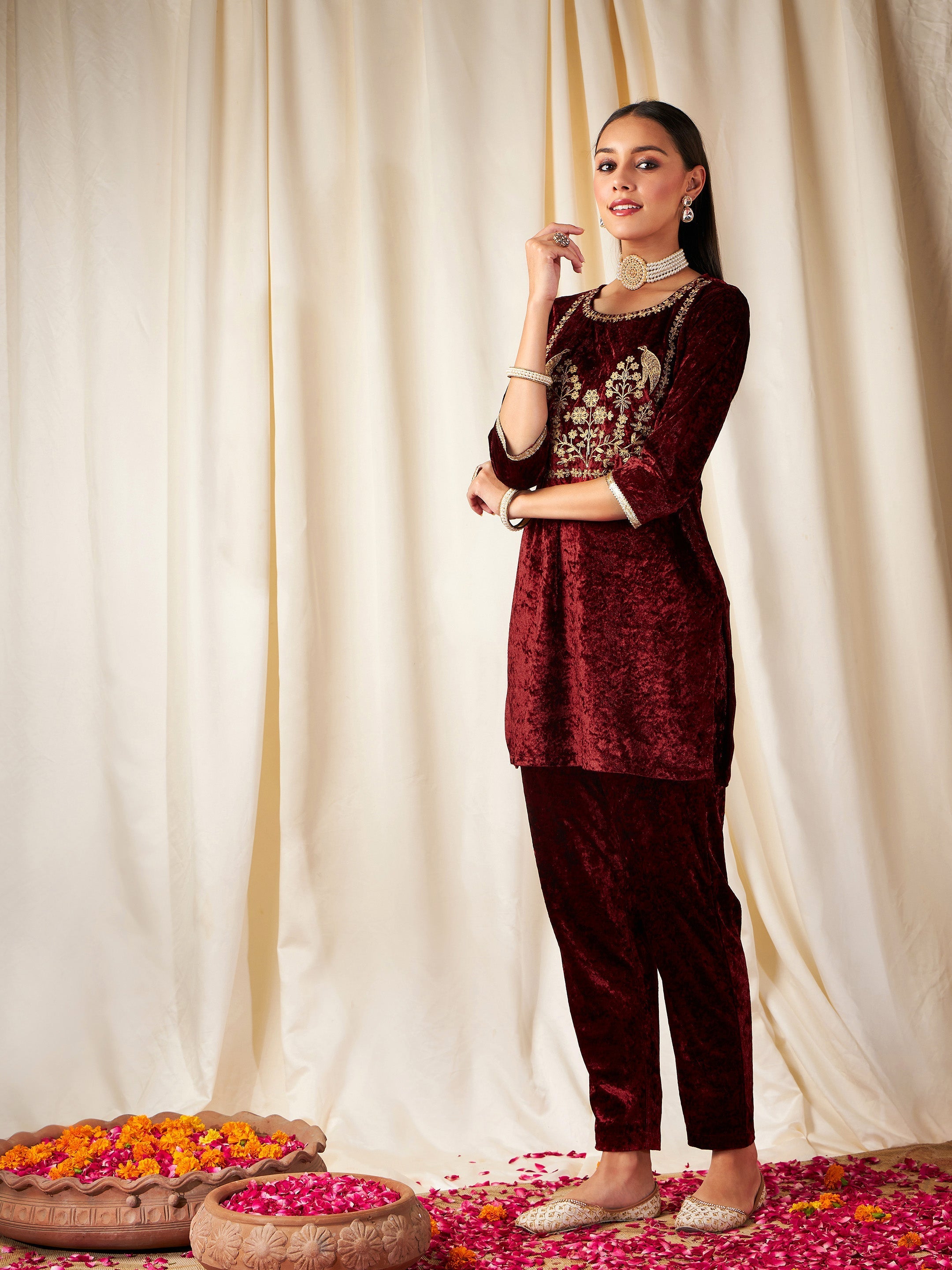 Women Maroon Velvet Embroidered Yoke Short Kurta