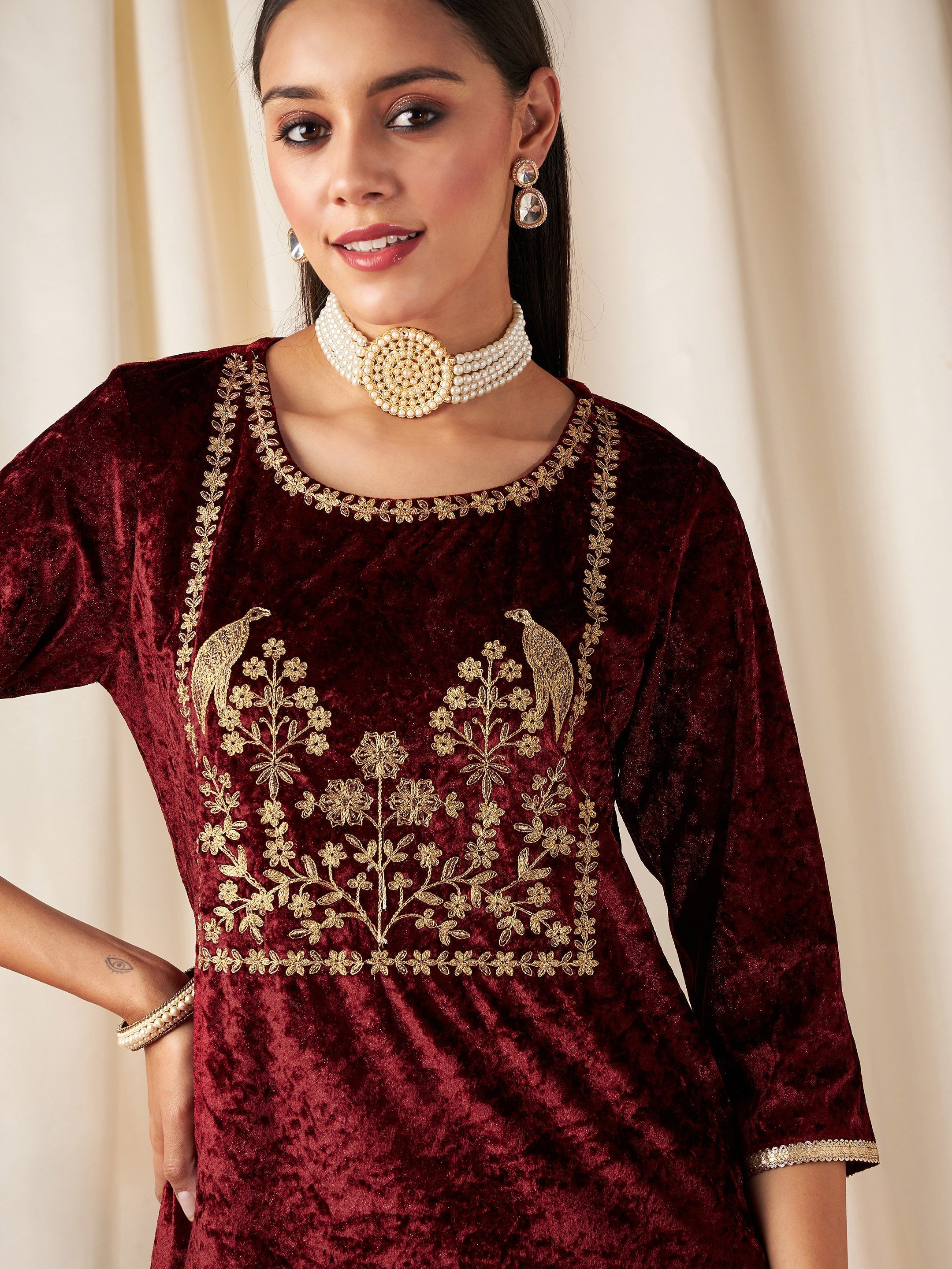 Women Maroon Velvet Embroidered Yoke Short Kurta
