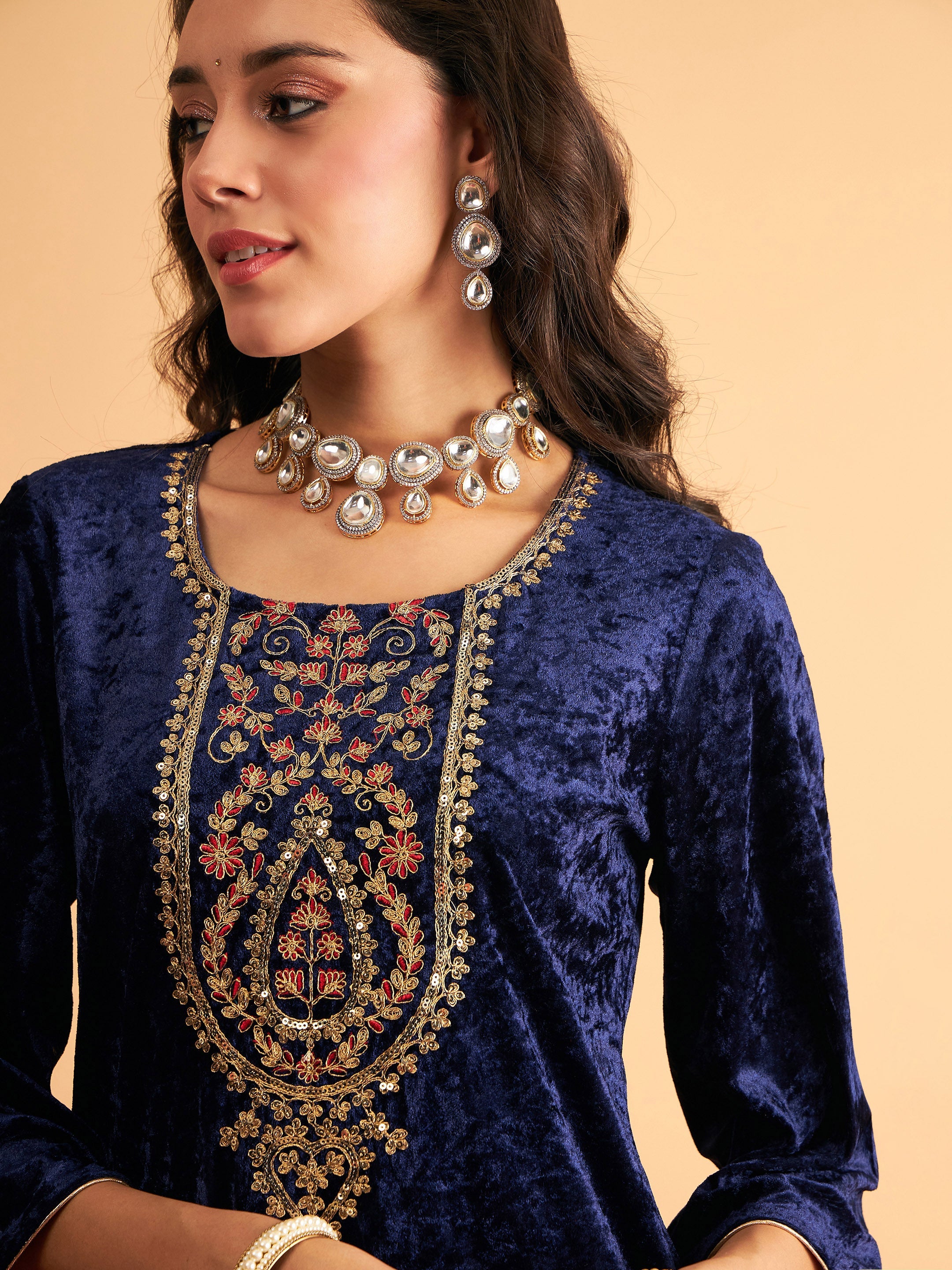 Women Navy Blue Velvet Sequence Embroidered Straight Kurta