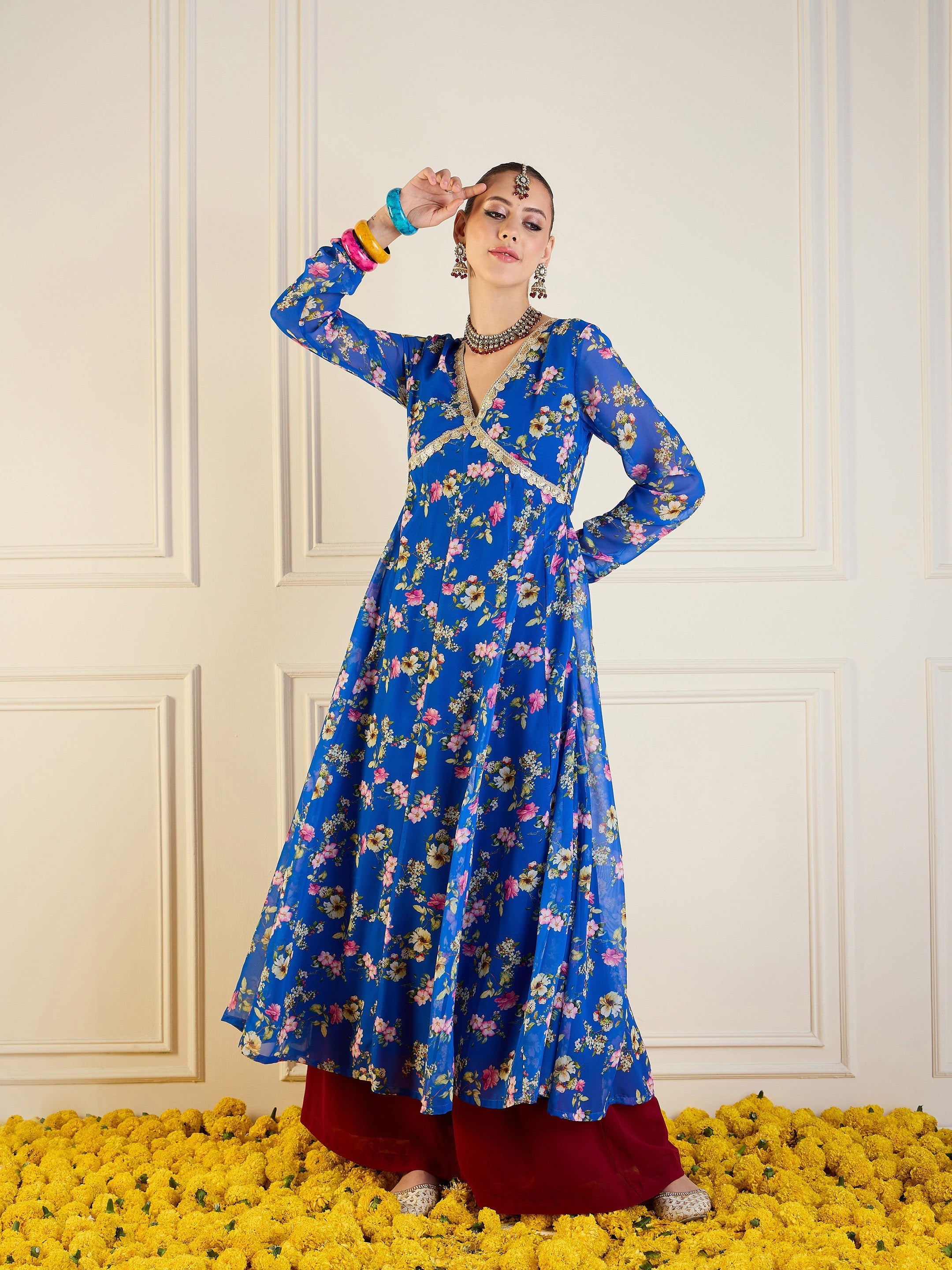 Women Royal Blue Floral Long Anarkali Kurta