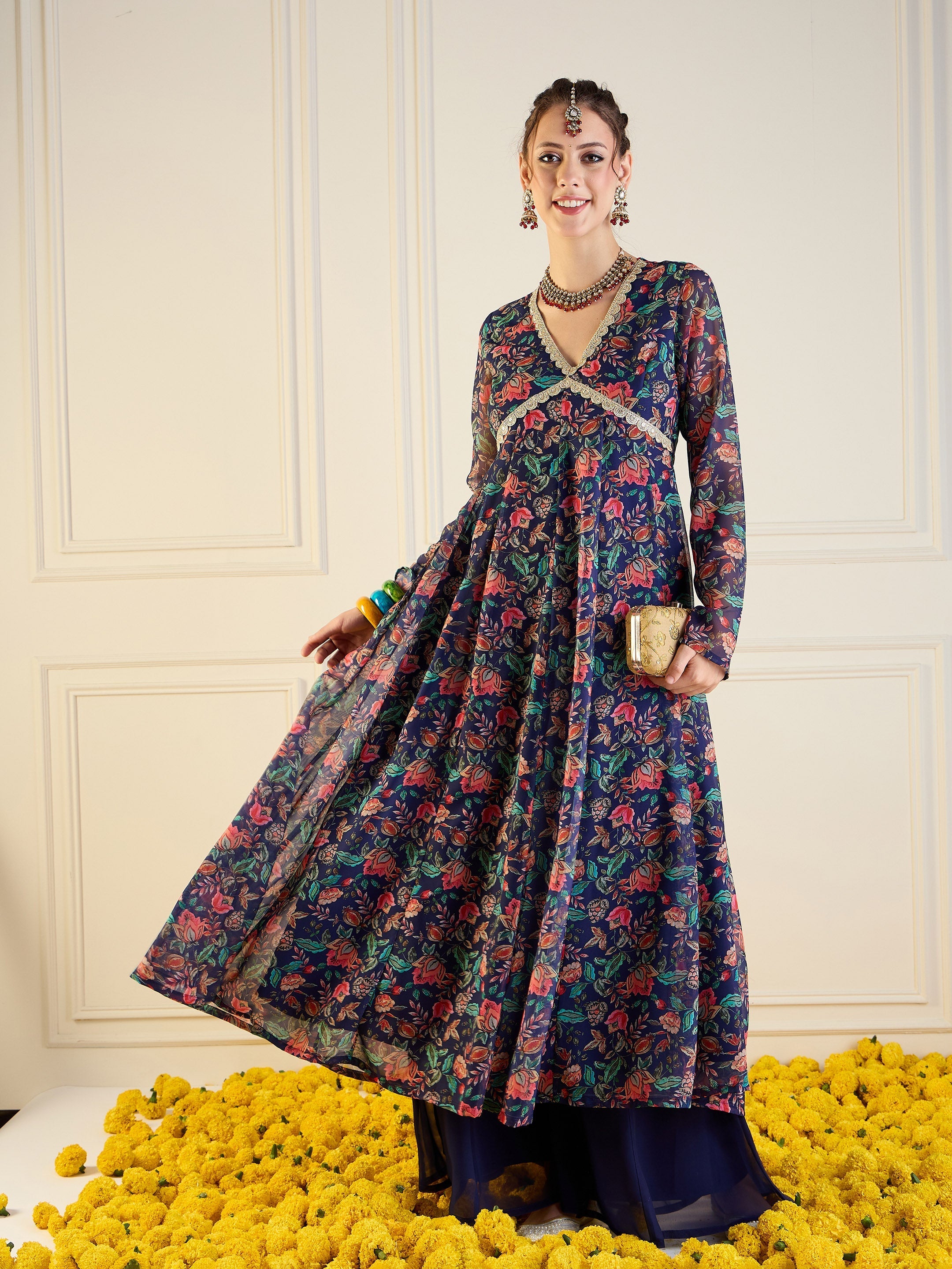 Women Navy Floral Long Anarkali Kurta