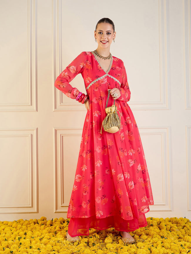 Women Fuchsia Floral Long Anarkali Kurta