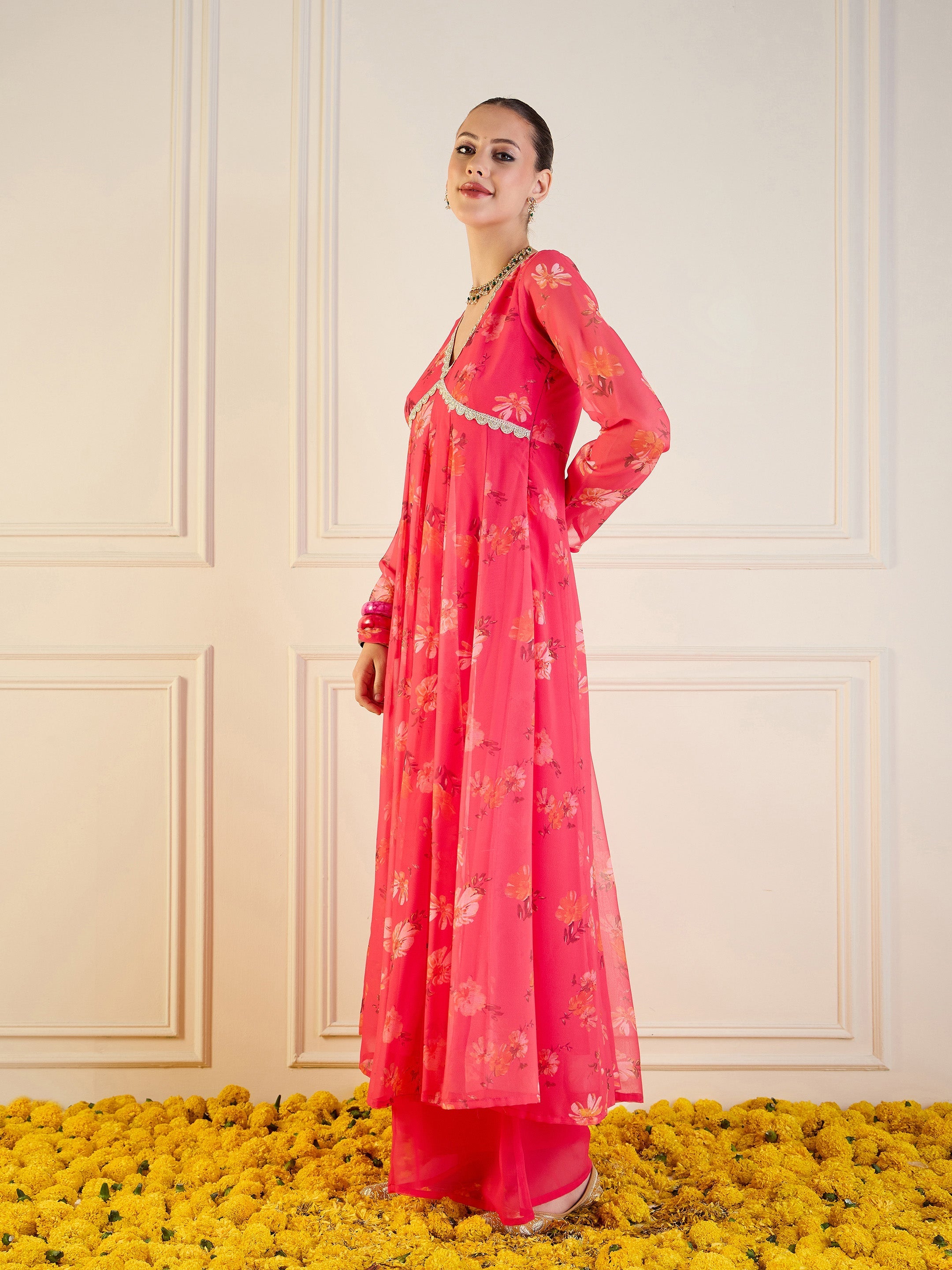 Women Fuchsia Floral Long Anarkali Kurta