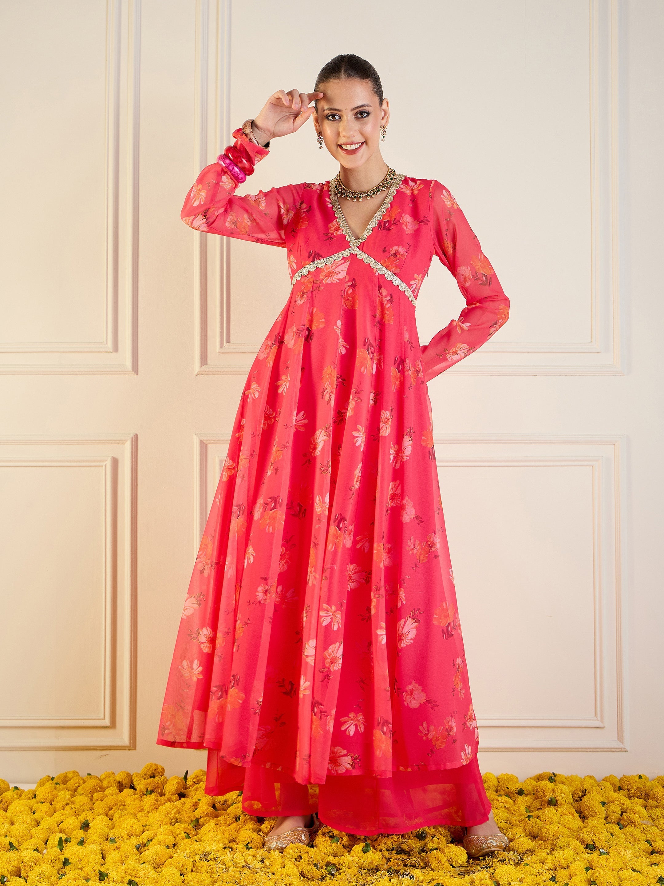 Women Fuchsia Floral Long Anarkali Kurta