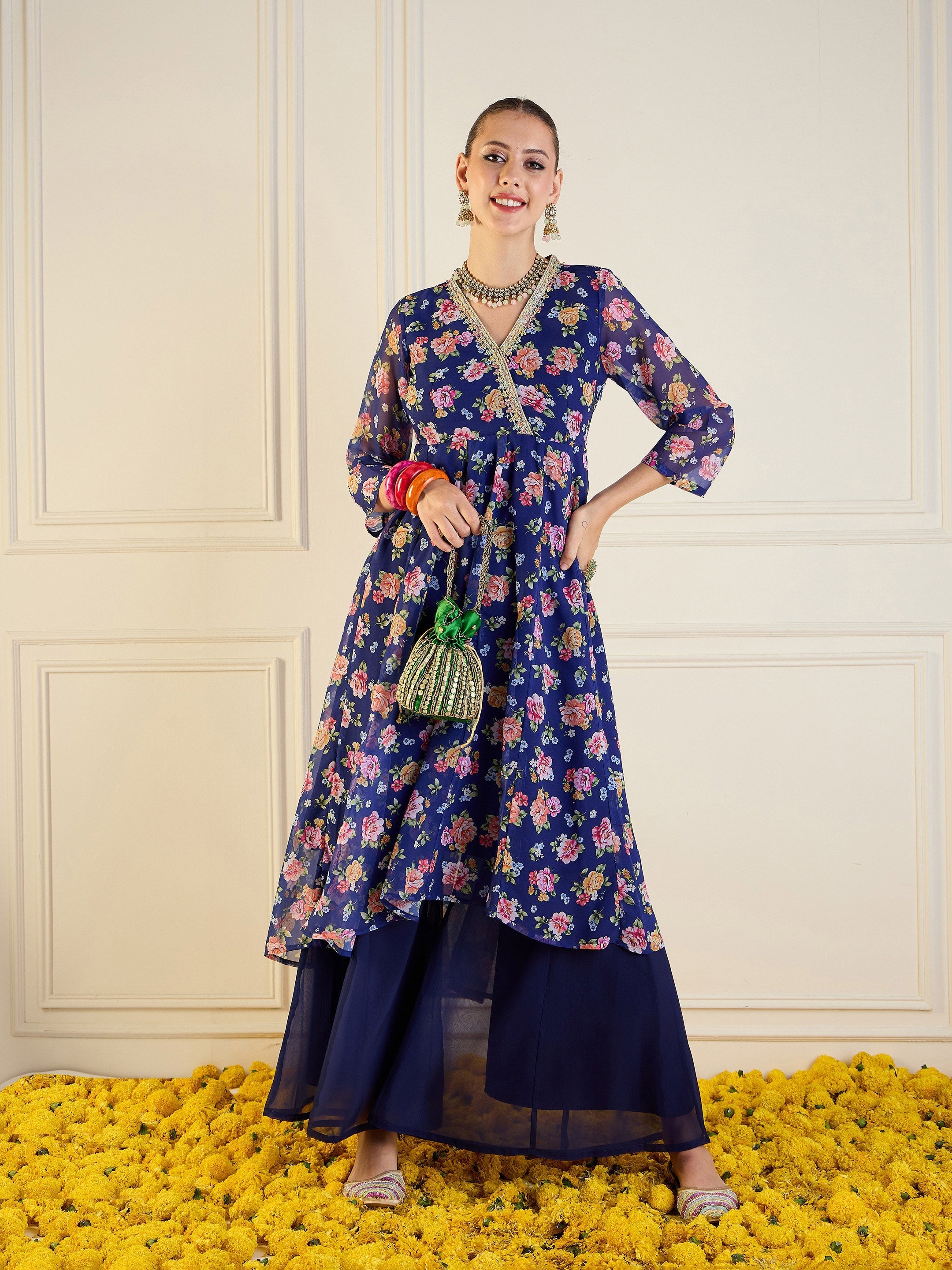 Women Blue Floral High Low Anarkali Kurta