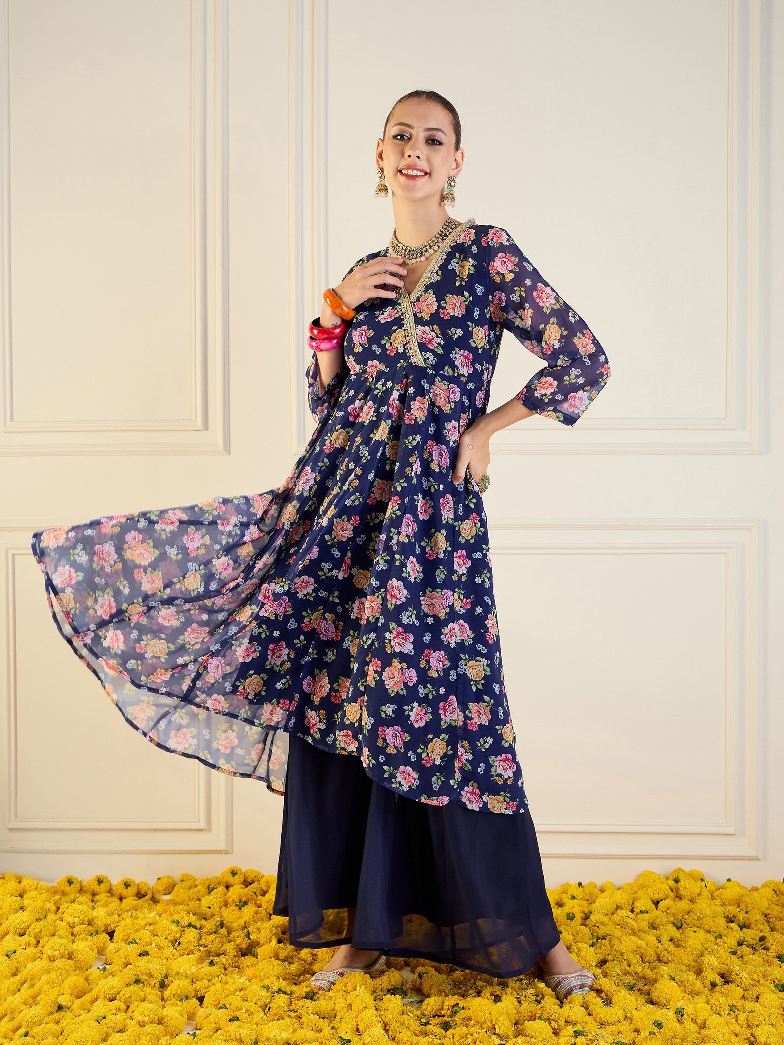 Women Blue Floral High Low Anarkali Kurta