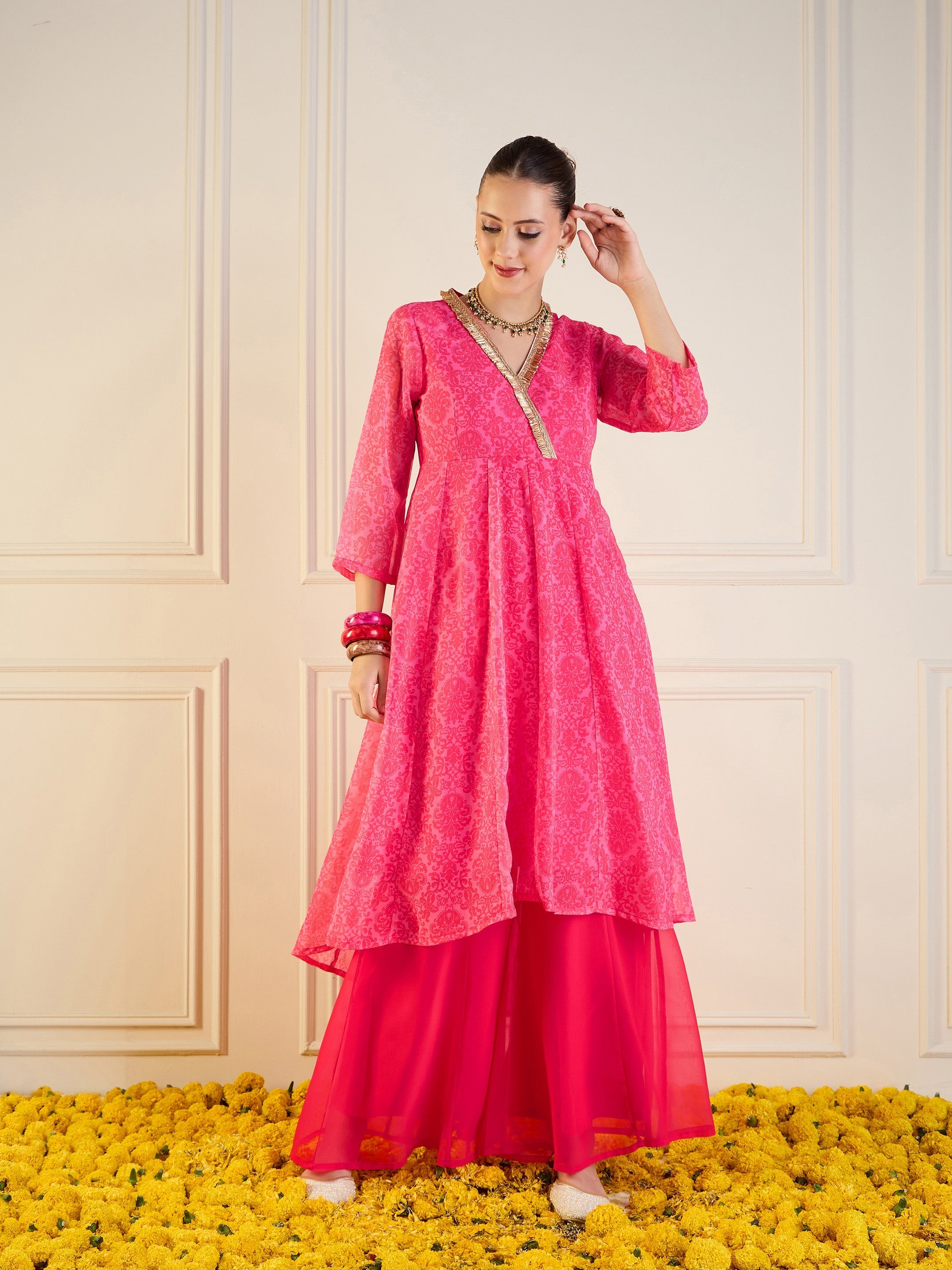 Women Pink Floral High Low Anarkali Kurta