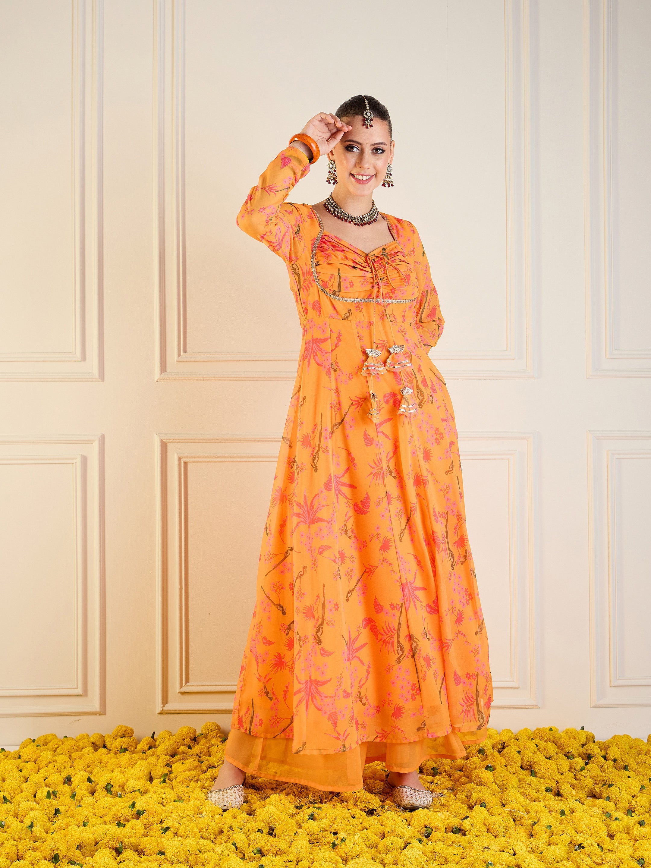 Women Mustard Tropical Printed Front Dori Long Anarkali