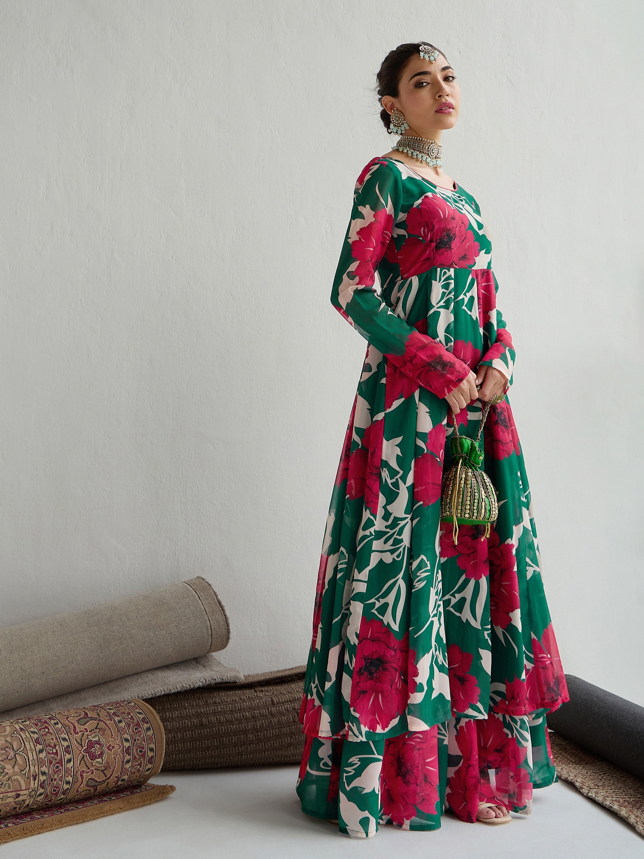 Women Green & Red Floral Anarkali Kurta