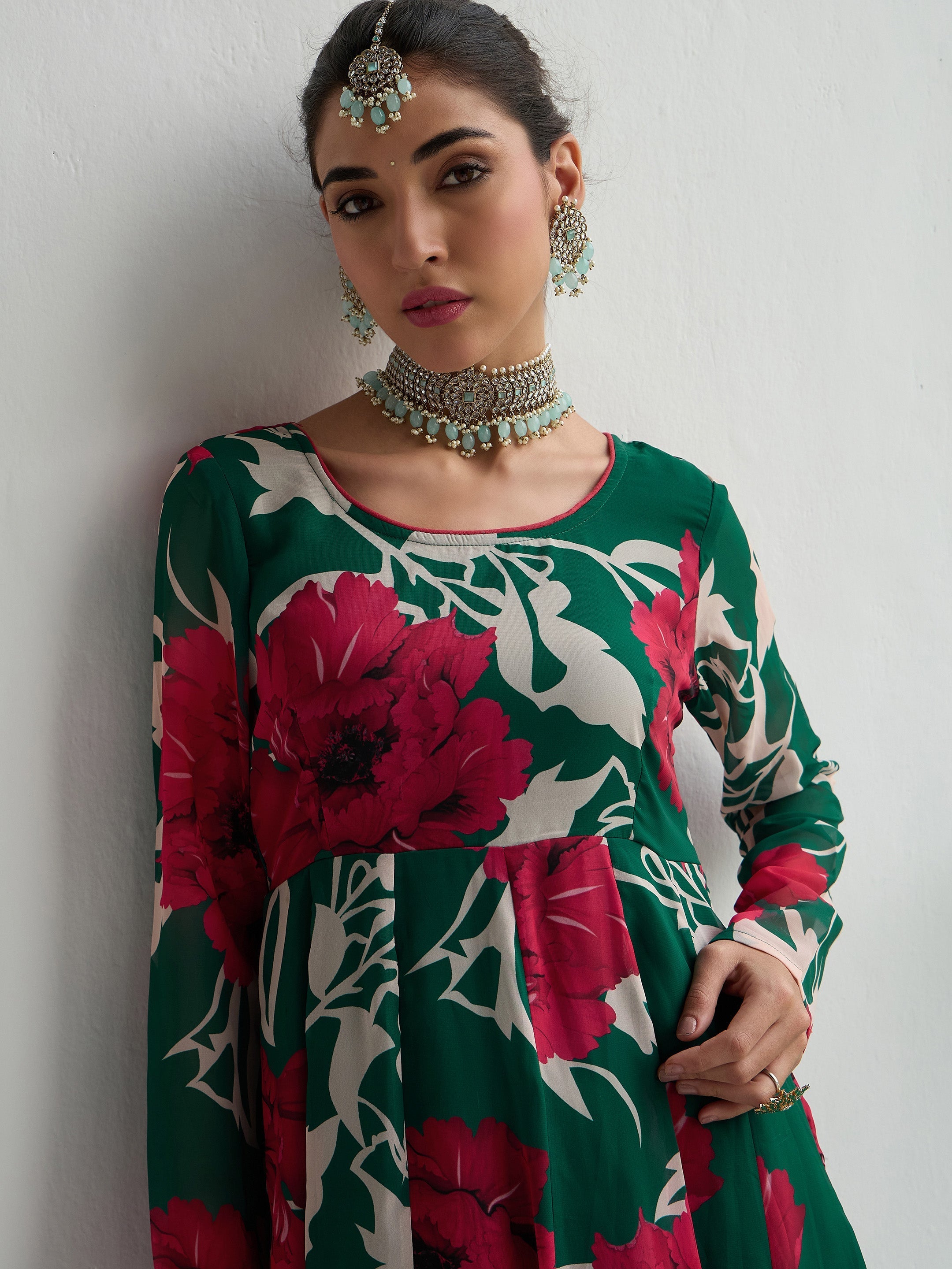 Women Green & Red Floral Anarkali Kurta