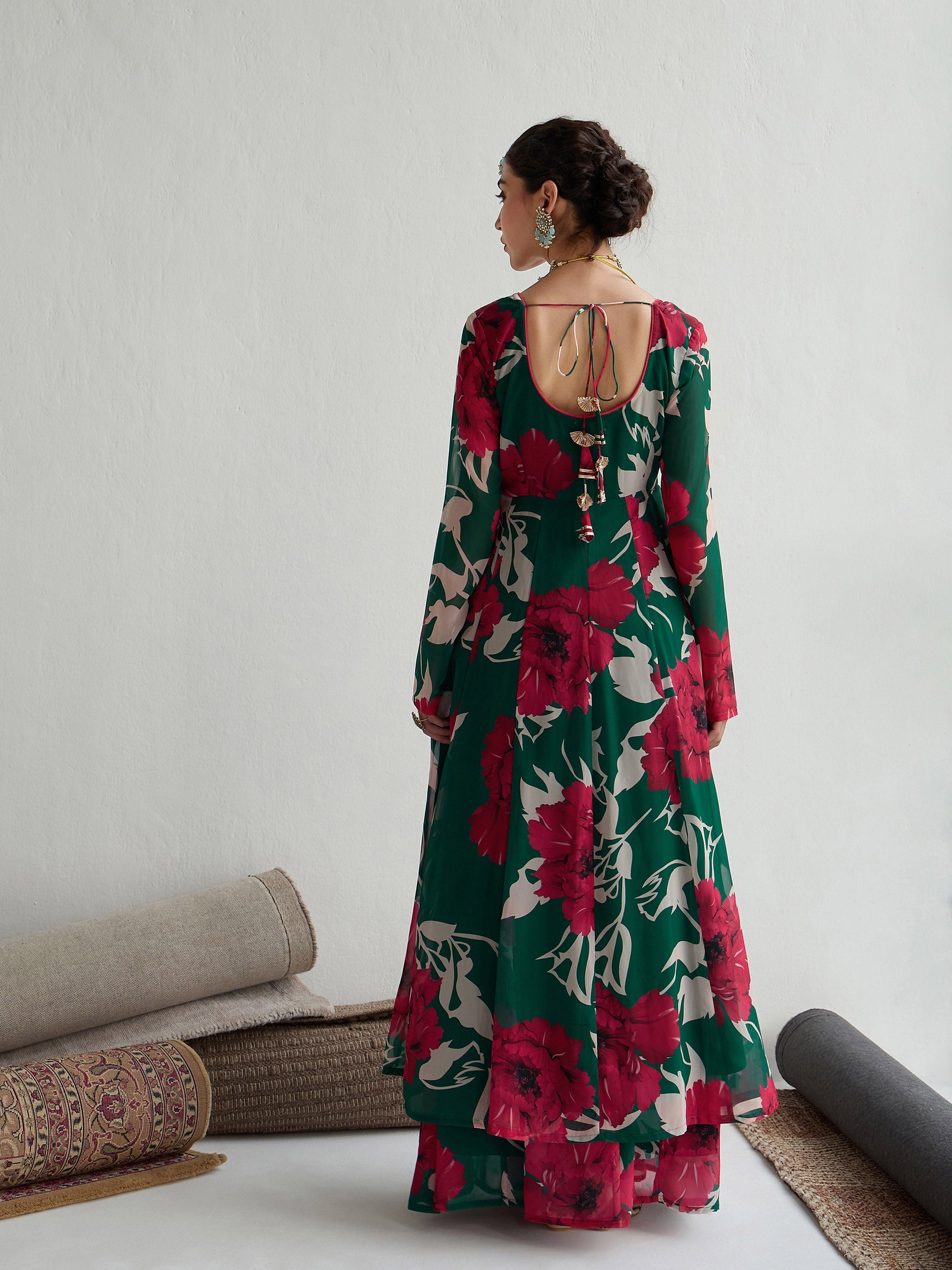 Women Green & Red Floral Anarkali Kurta