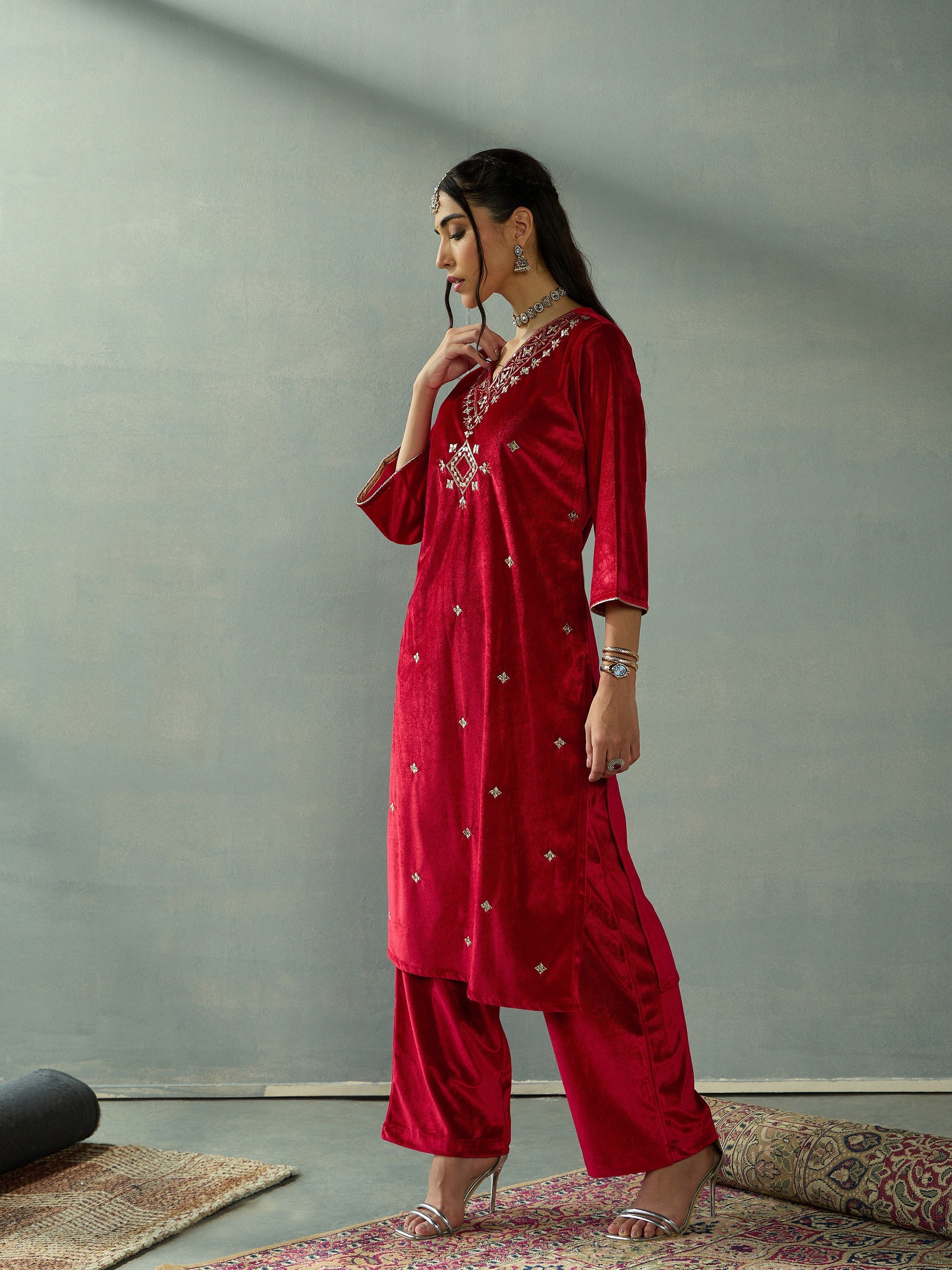 Women Red Velvet V-Neck Embroidered Kurta