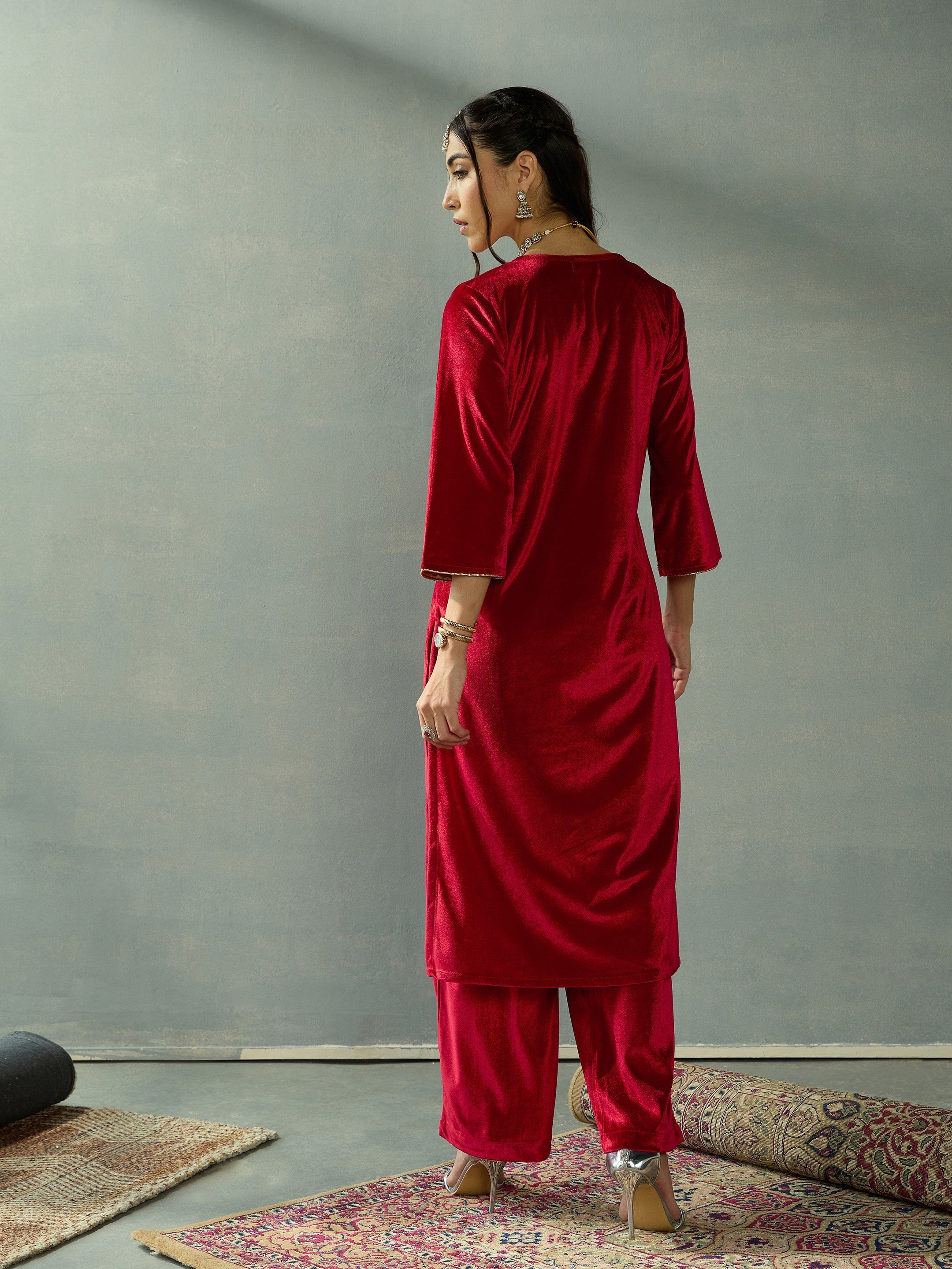 Women Red Velvet V-Neck Embroidered Kurta